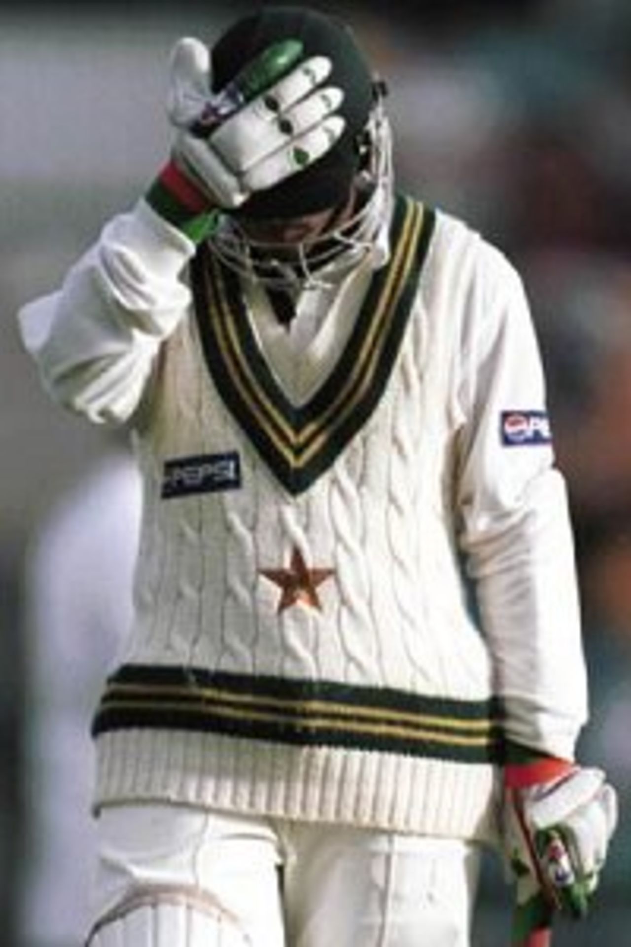 Yousuf Youhana hangs his head in dissapointment after falling short of his century in the 1st Test against Australia at the Gabba