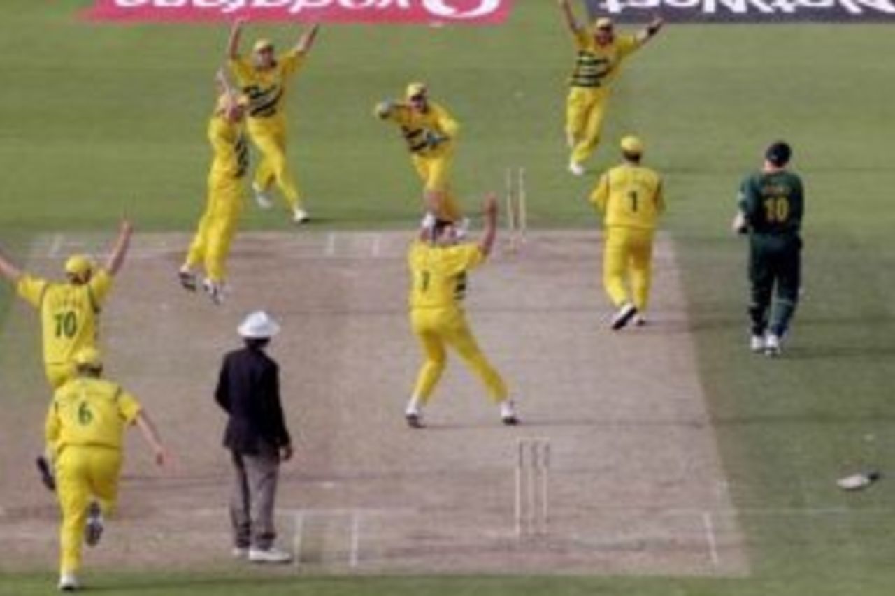 17 Jun 1999: Allan Donald of South Africa is run out and Australia go through to the World Cup final after a dramatic semi-final at Edgbaston in Birmingham, England. The match finished a tie and Australia went through after finishing higher in t