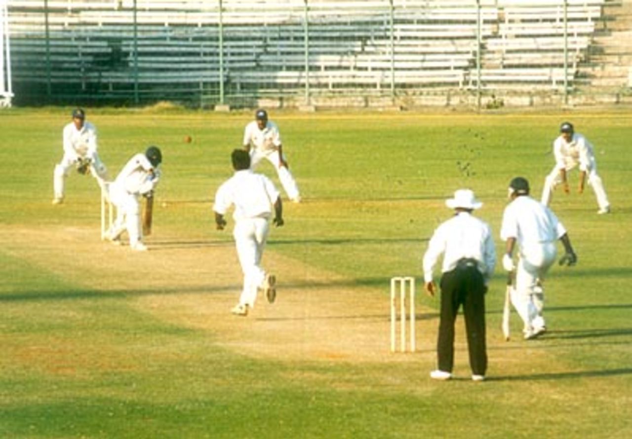 S Sharath executes a forward defensive shot off R Menon, Ranji Trophy South Zone League 1999/00, Tamil Nadu v Kerala at MA Chidambaram Stadium, Chennai, 15-18 Nov 1999