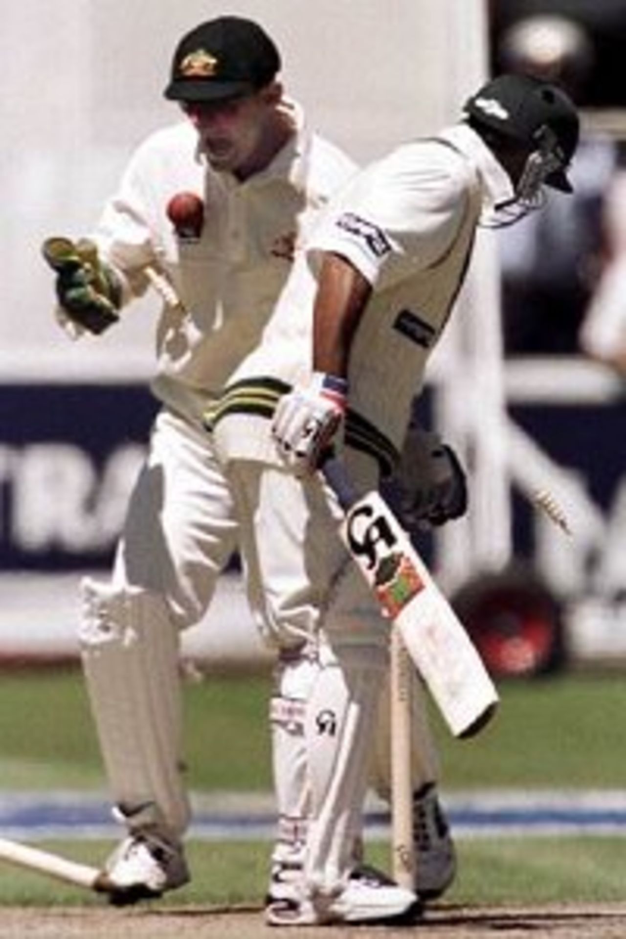 20 Nov 1999: Australian wicketkeeper Adam Gilchrist is elated as a Shane Warne ball clean bowls Pakistan batsman Saeed Anwar, during day three of the Second test between Australia and Pakistan at Bellerive Oval, Hobart, Australia.