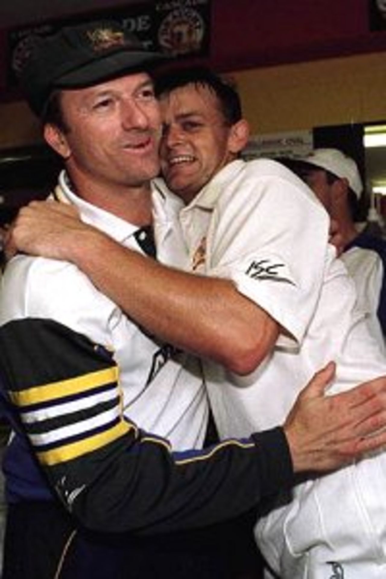Australian captain Stephen Waugh congratulates Adam Gilchrist after securing victory for Australia on day five of the Second test between Australia and Pakistan at Bellerive Oval, Hobart, Australia. Gilchrist had earlier shared a partnership of 238 runs with Justin Langer as Australia snatched victory by four wickets. Gilchrist finished not out on 149 runs.