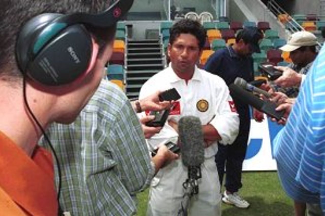 29 Nov 1999: Sachin Tendulkar of India speaks to the media after a disappointing loss to Queensland at Brisbane Cricket Ground in Brisbane, Australia.
