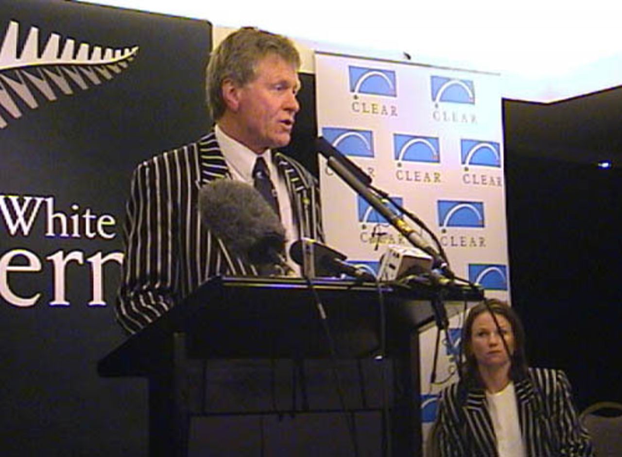 Coach Mike Shrimpton speaks, with captain Emily Drumm looking on, at the naming of the New Zealand women's team to contest the CricInfo Women's World Cup 2000