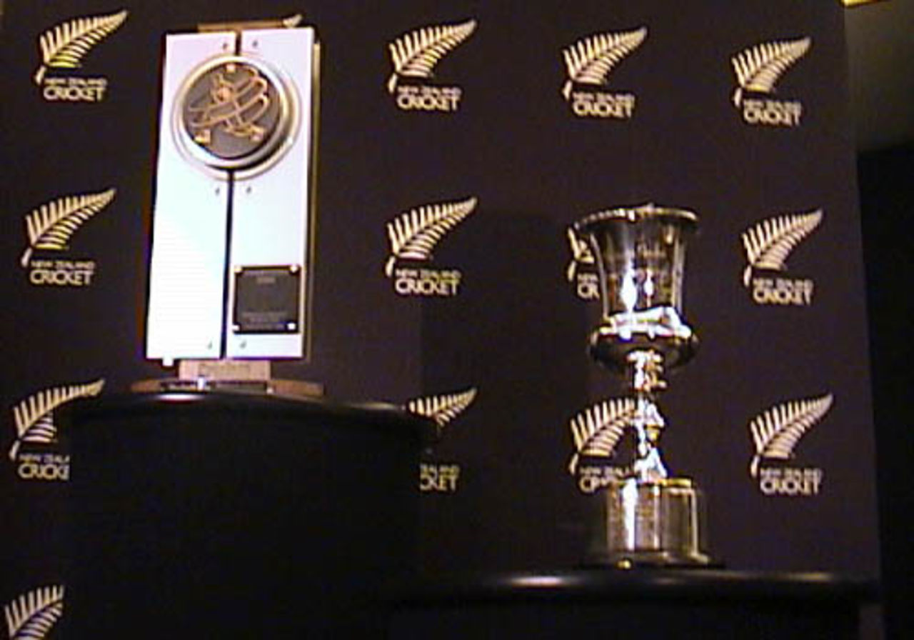 The CricInfo Women's World Cup winners' trophy (left) and the perpetual Women's World Cup winners' trophy on display at the naming of the CLEAR White Ferns to contest the CricInfo Women's World Cup 2000