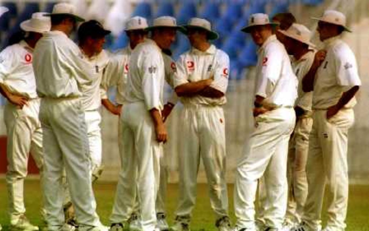 England team waiting for the next Patron's XI Batsman, PCB Patron's XI v England XI at Rawalpindi, 1-4 Nov 2000