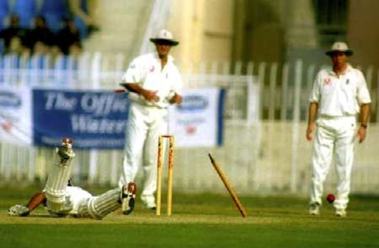 Run out by Hoggard, Kamran stumbles to cover his ground, PCB Patron's XI v England XI at Rawalpindi, 1-4 Nov 2000