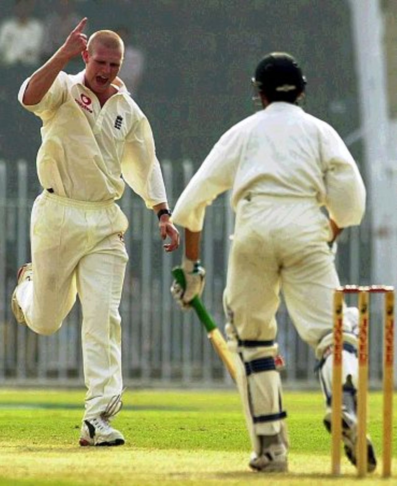 4 Nov 2000: Matthew Hoggard of England celebrates taking the wicket of Munir Ansari of the Presidents XI during the Patrons XI v England 4 day tour match at the Pindi Stadium, Rawalpindi, Pakistan.