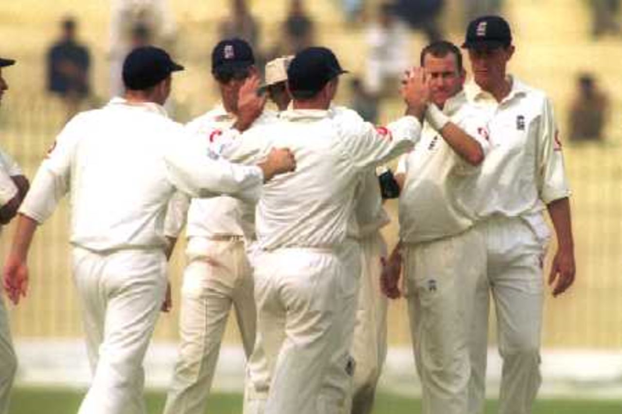 The England team celebrating, Governor's XI v England XI at Peshawar, 8-11 Nov 2000