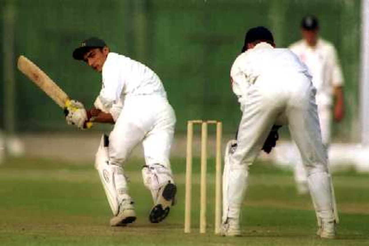 Yasir Hameed turns the ball down to fine leg, Governor's XI v England XI at Peshawar, 8-11 Nov 2000