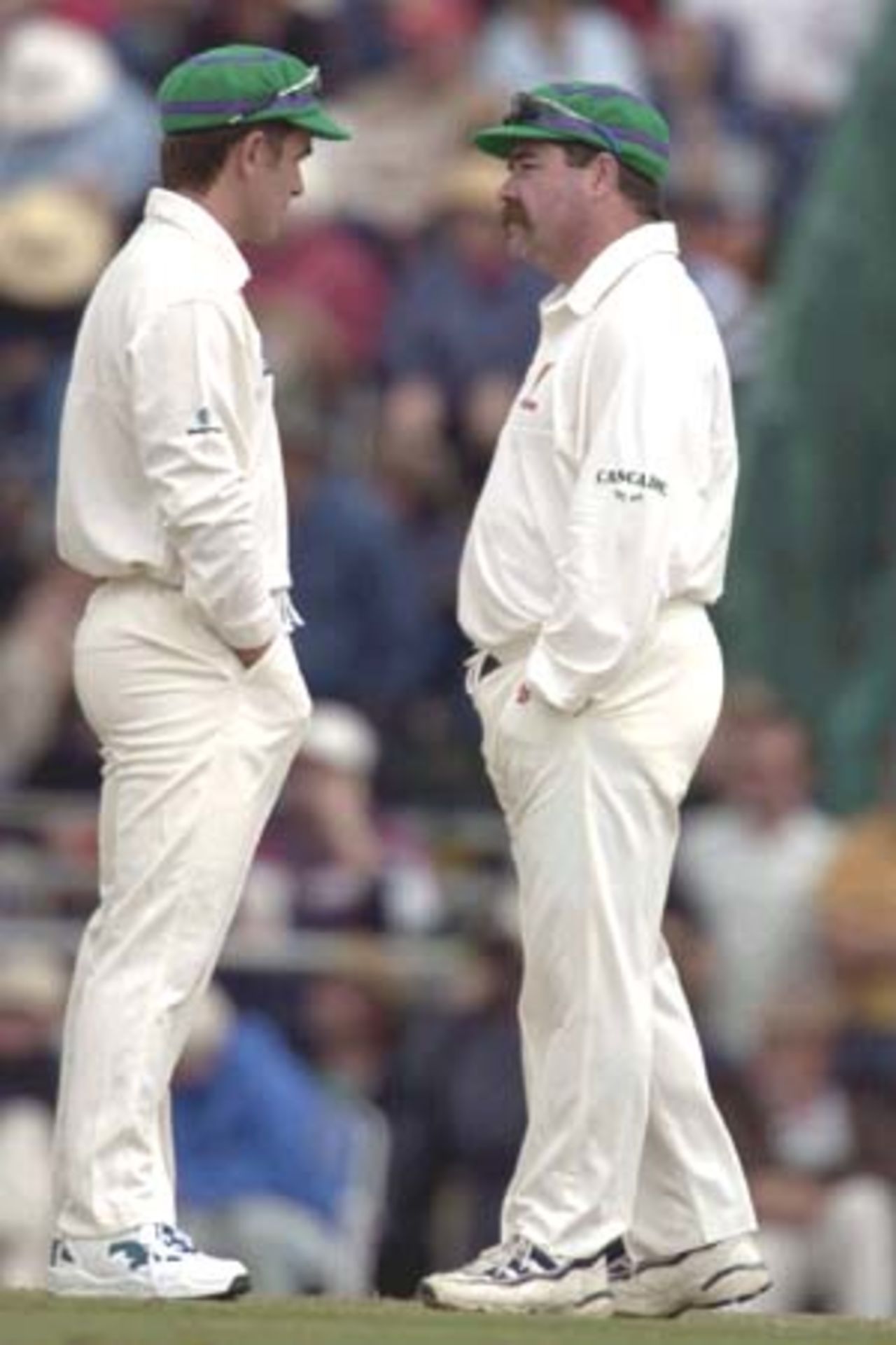 07 Nov 2000: Justin Langer and David Boon for the Chairman's XI in the match between the Australian Cricket Board's Chairman's XI and the West Indies at Lilac Hill in Perth, Australia.