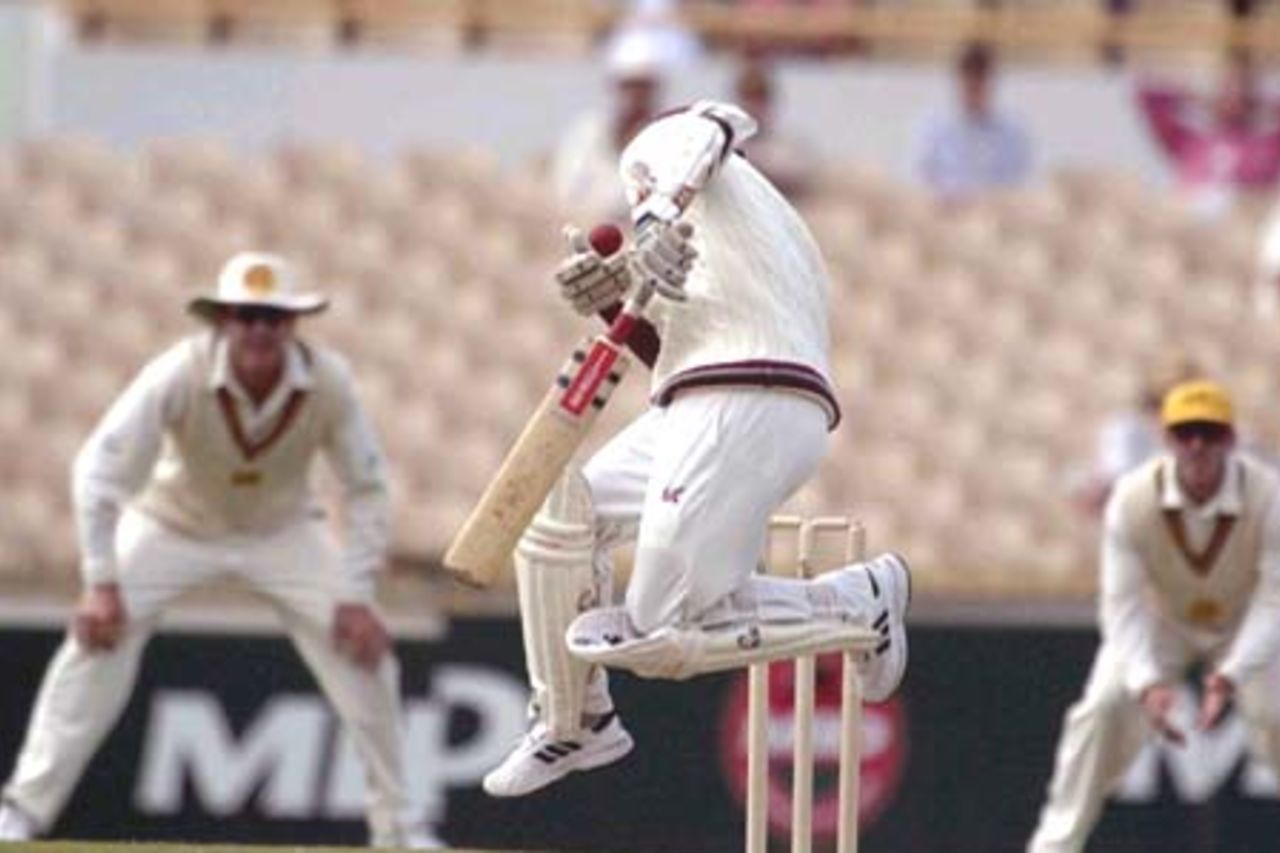 09 Nov 2000: Kerry Jeremy for the West Indies is hit by a ball from Matthew Nicholson for Western Australia in the match between the Western Warriors and the West Indies at the WACA ground in Perth, Australia. Jeremy retired hurt on 7 runs.
