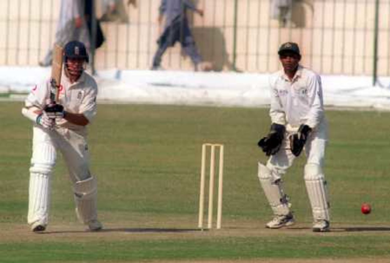 Trescothick drives the ball towards point, Governor's XI v England XI at Peshawar, 8-11 Nov 2000