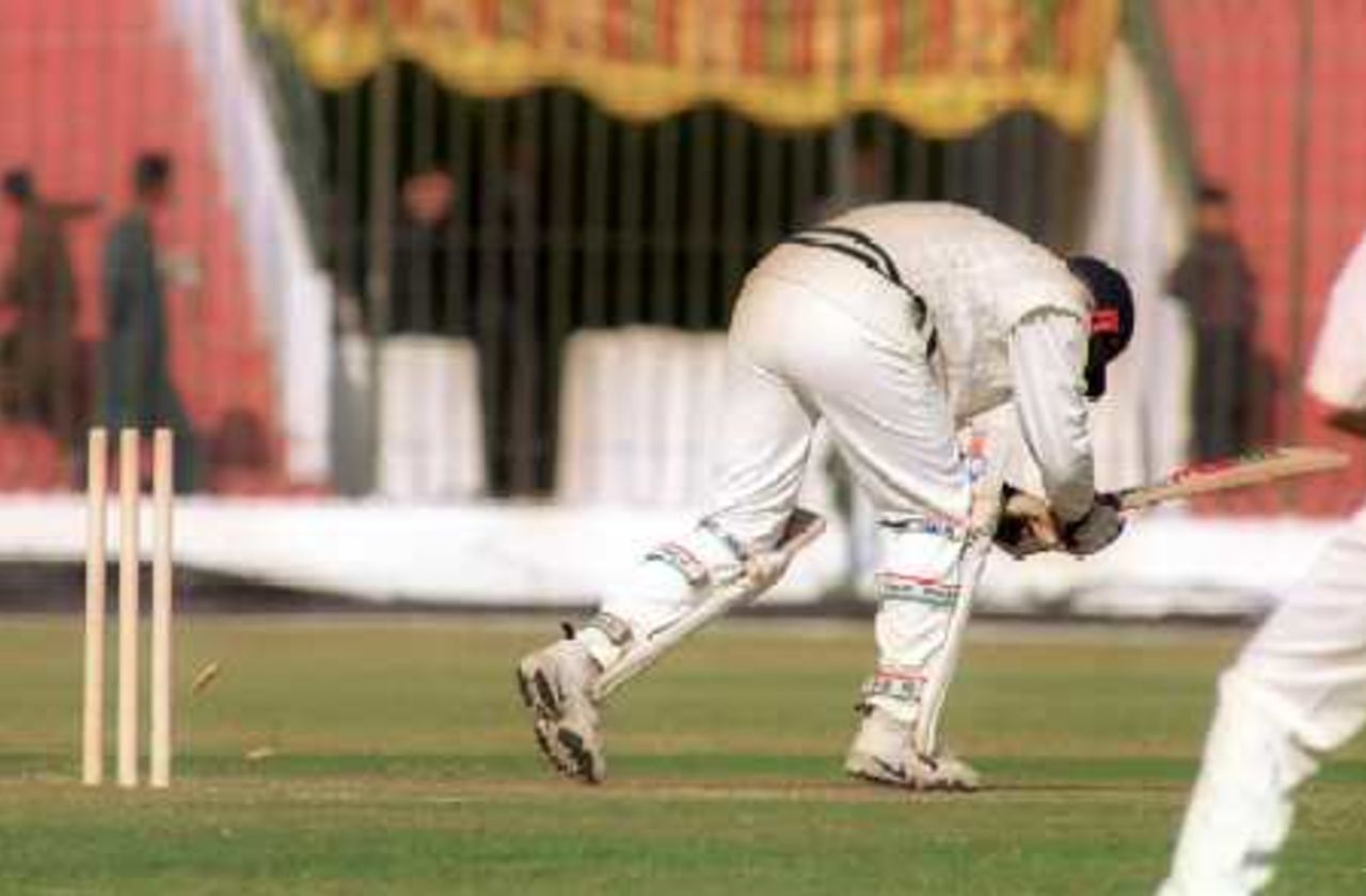Bails fall as Sajid Shah misjudges the length of the ball, Governor's XI v England XI at Peshawar, 8-11 Nov 2000