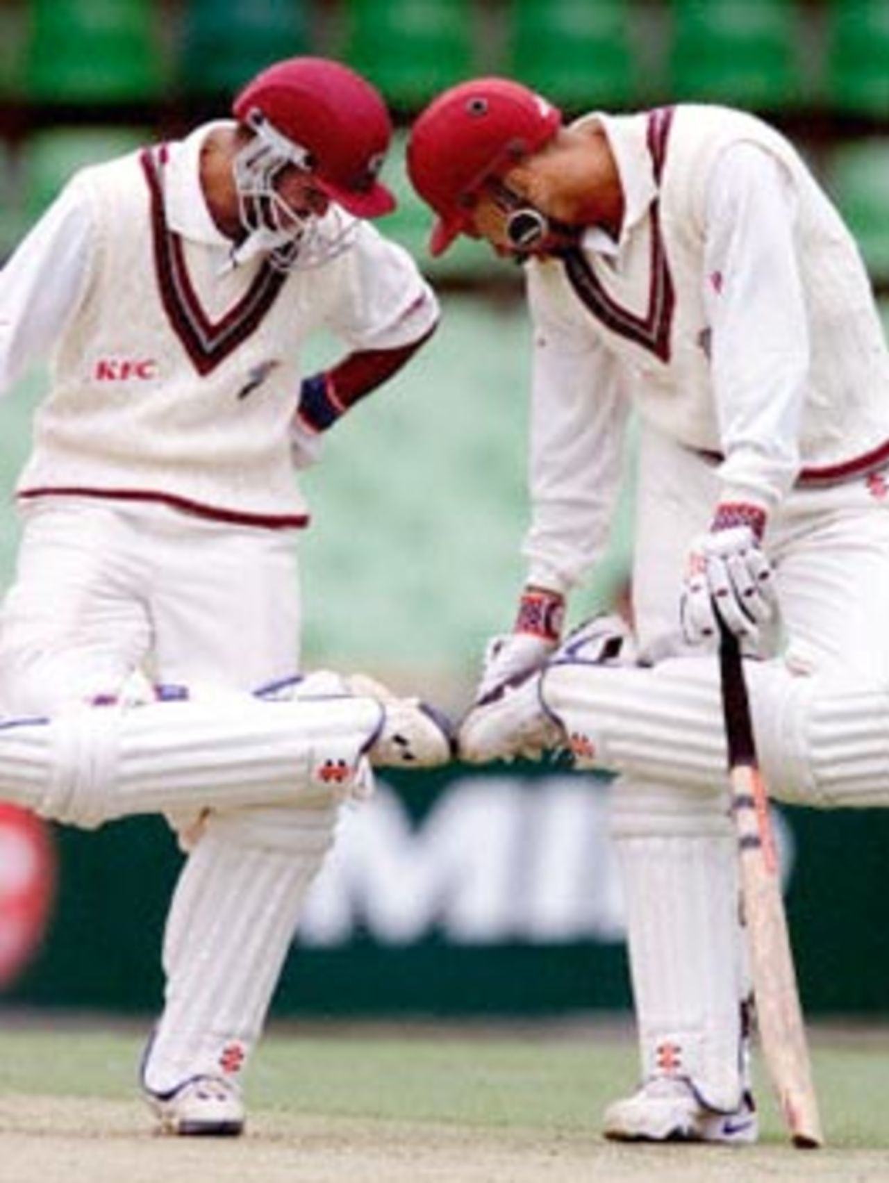 Jimmy Adams and Chanderpaul engaged in a mid-pitch conference. West Indies in Australia 2000/01, Western Australia v West Indians, WACA Ground, Perth, 09-12 November 2000
