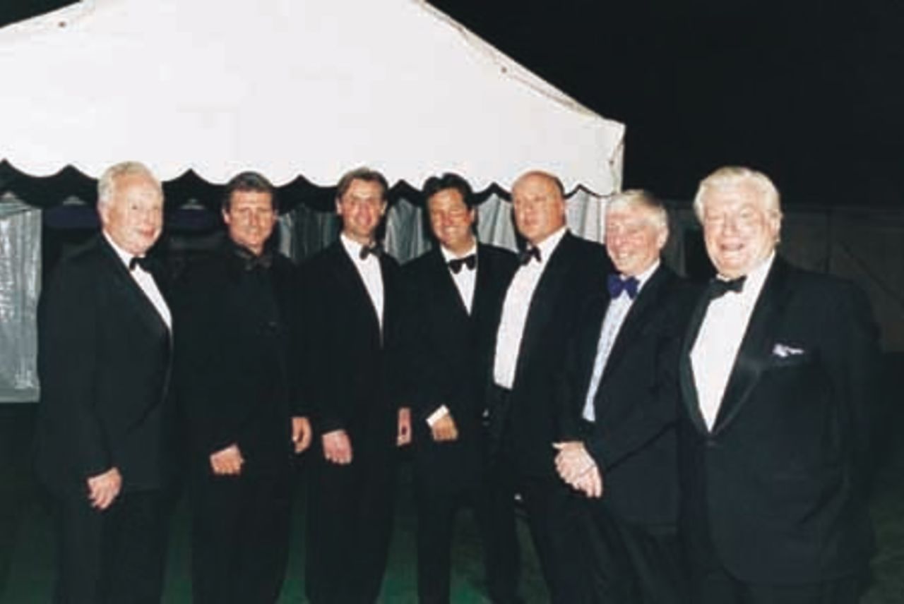 Seven Hampshire captains together for the Gala Dinner at Northlands Road: from left to right - Richard Gilliat, Robin Smith, John Stephenson, Mark Nicholas, Nick Pocock, Bob Stephenson and Colin Ingleby-Mackenzie.