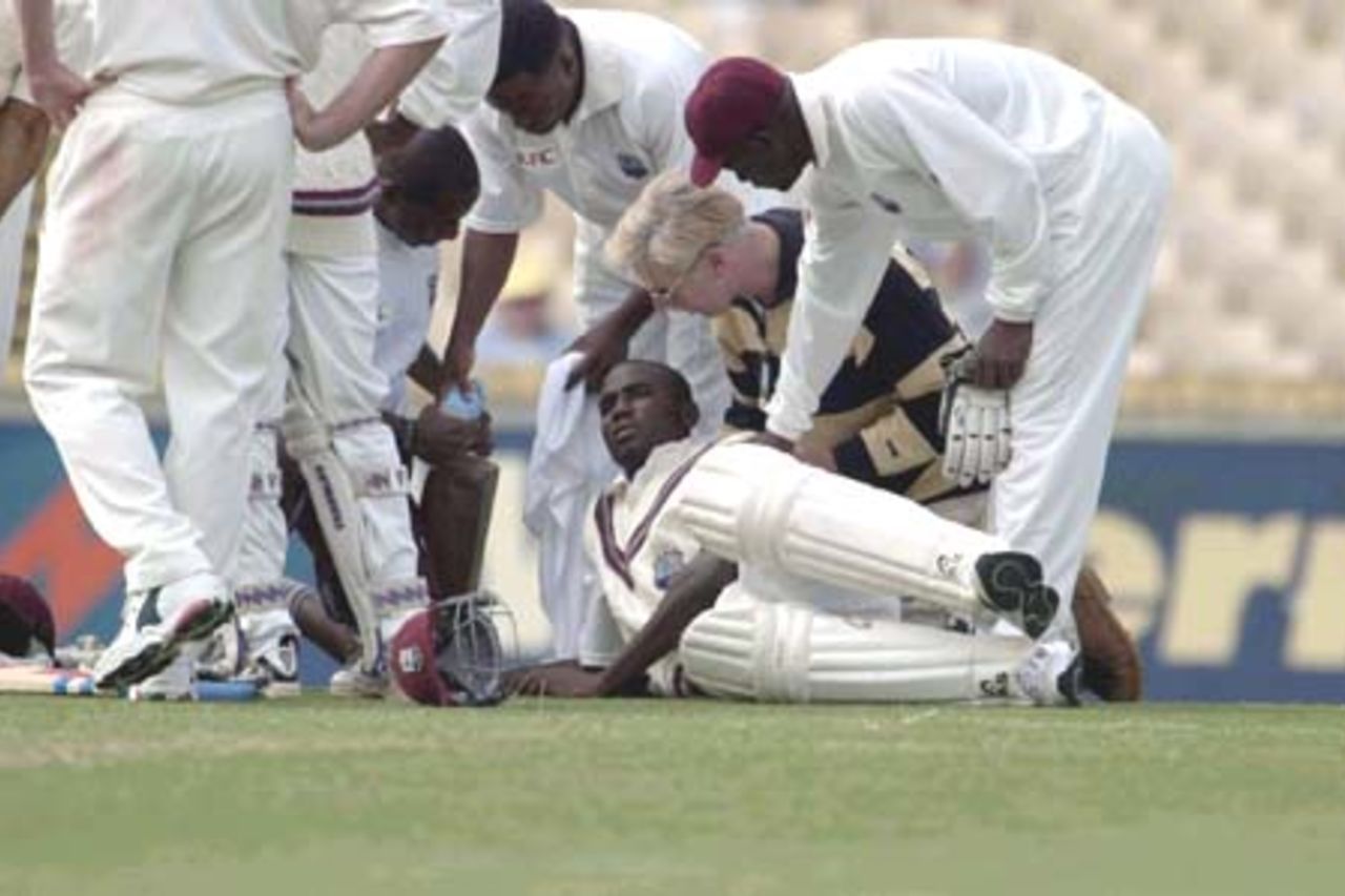 09 Nov 2000: Kerry Jeremy for the West Indies is hit by a ball from Matthew Nicholson for Western Australia in the match between the Western Warriors and the West Indies at the WACA ground in Perth, Australia.Jeremy retired hurt on 7 runs