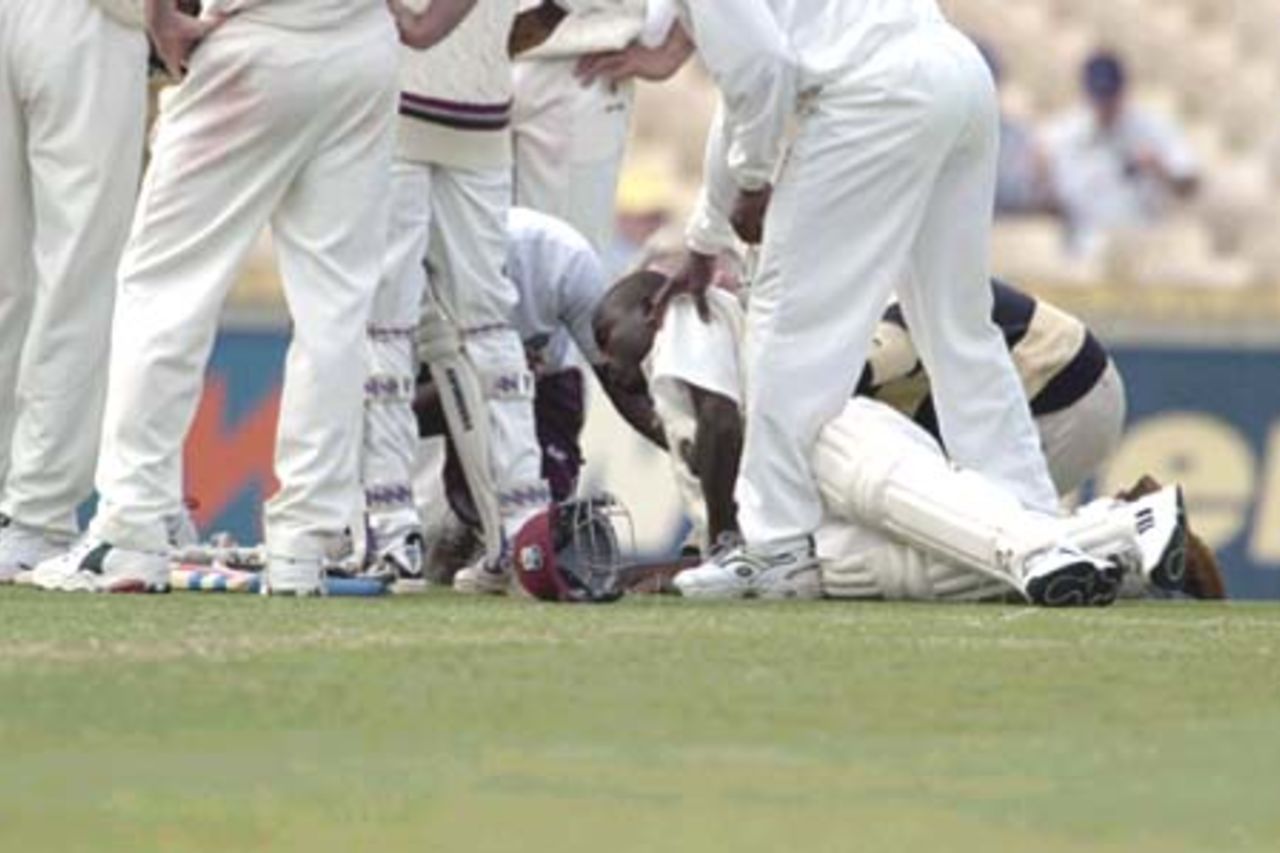 09 Nov 2000: Kerry Jeremy for the West Indies is hit by a ball from Matthew Nicholson for Western Australia in the match between the Western Warriors and the West Indies at the WACA ground in Perth, Australia.Jeremy retired hurt on 7 runs