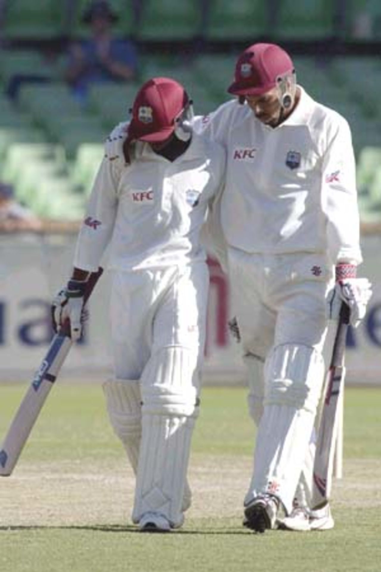 11 Nov 2000: Jimmy Adams encourages Sherwin Campbell of the West Indies after he scored his 100 in the match between the Western Warriors and the West Indies at the WACA ground in Perth, Australia.