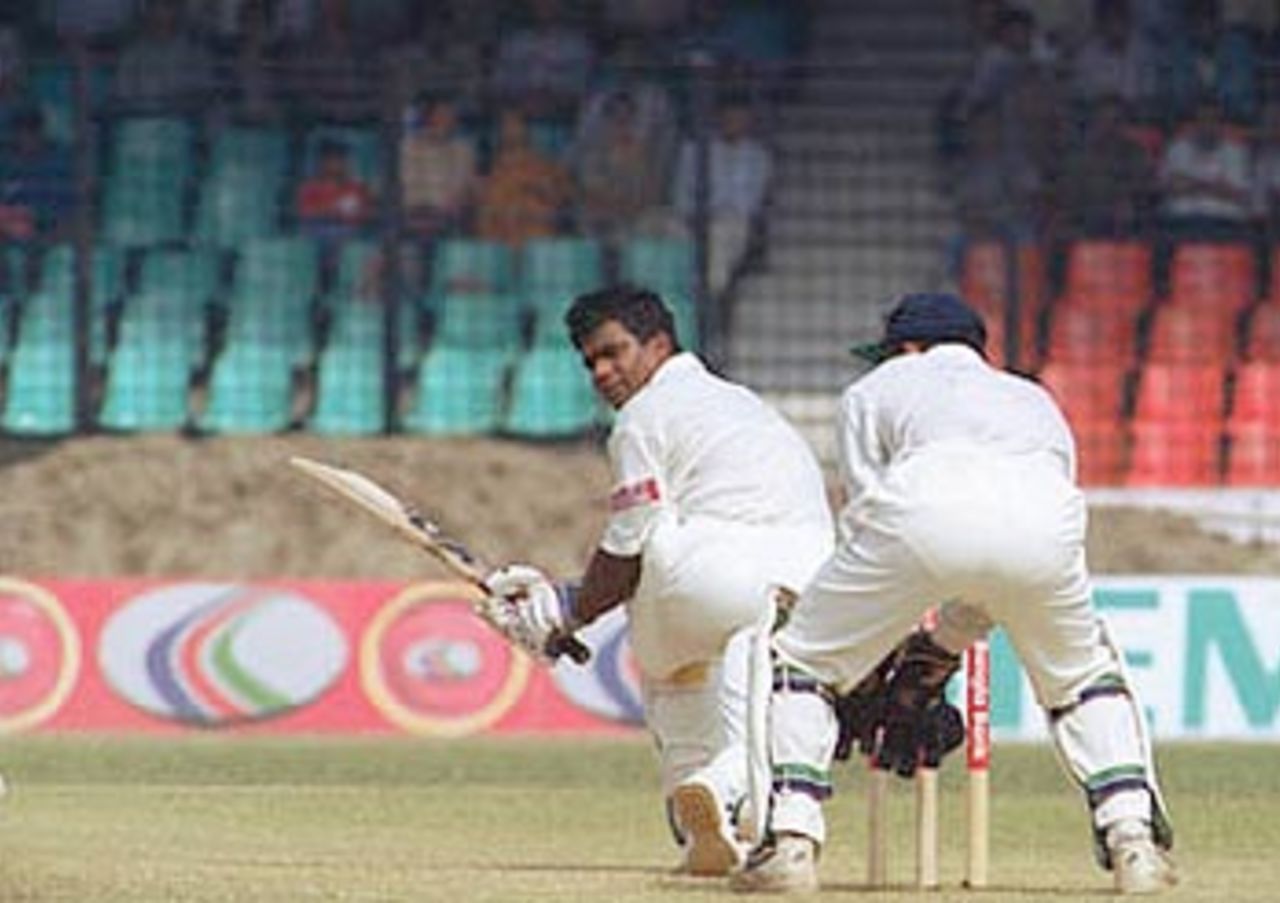Aminul Islam turns the ball to fine leg. India in Bangladesh 2000/01, Only Test, Bangladesh v India Bangabandhu National Stadium, Dhaka, 10-14 Nov 2000 (Day 2)
