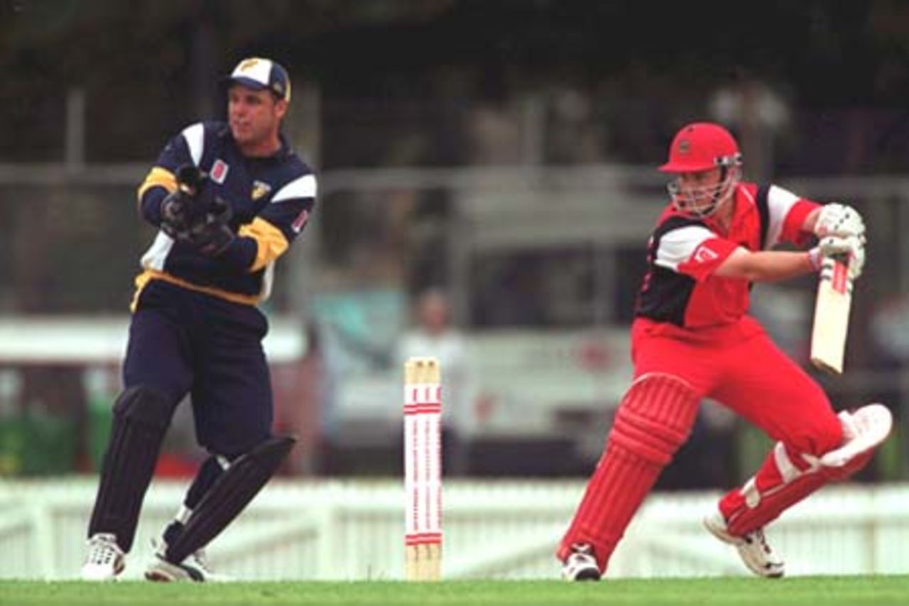 12 Nov 2000: Chris Davies of South Australia plays a late cut on his way to scoring 62 runs in their six wicket victory over Victoria, in the Mercantile Mutual Cup cricket match played at Punt Road Oval, Melbourne, Australia.