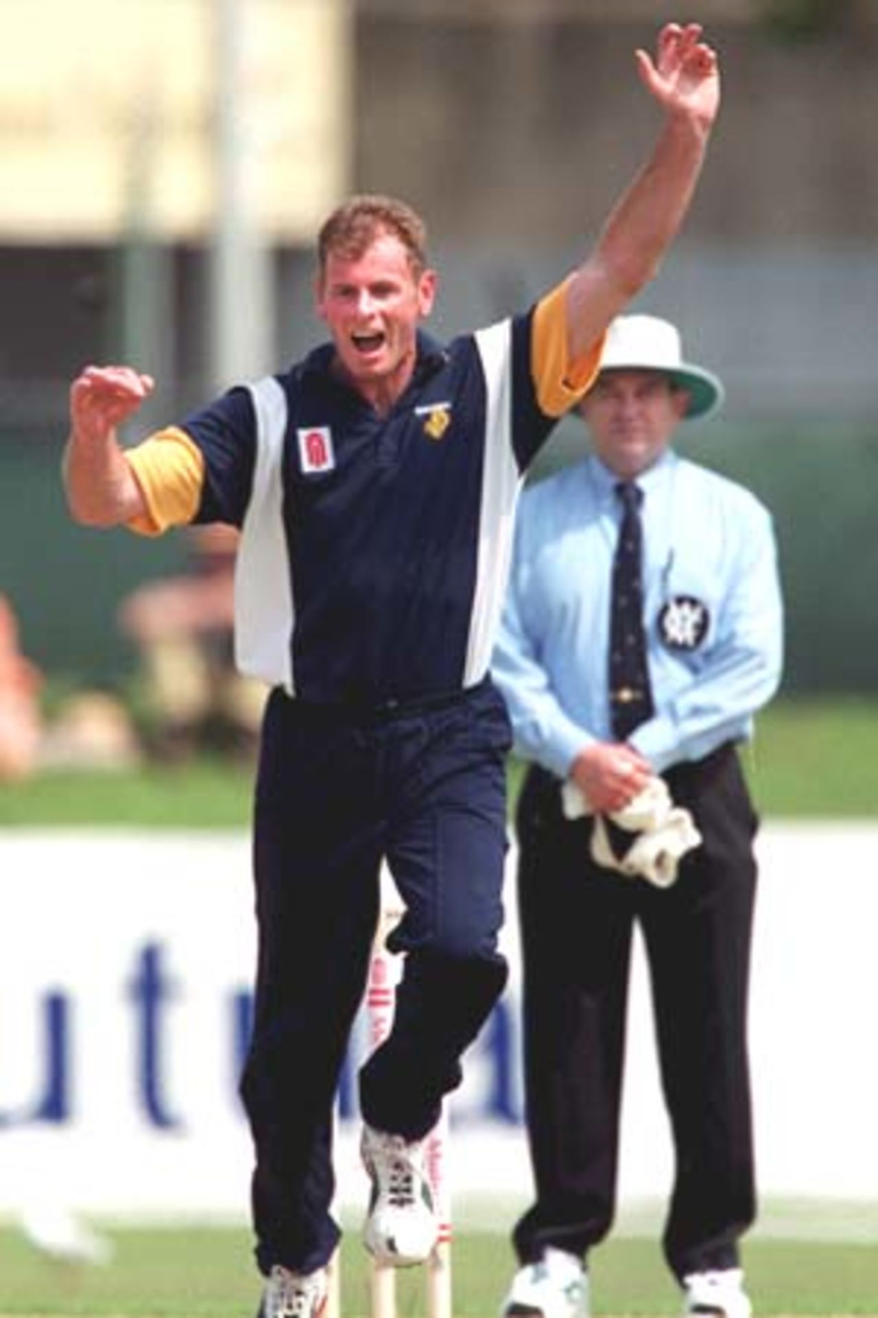 12 Nov 2000: Paul Reiffel of Victoria celebrates the wicket of South Australian opener Greg Blewett, in their six wicket loss to South Australia, in the Mercantile Mutual Cup cricket match played at Punt Road Oval, Melbourne, Australia.