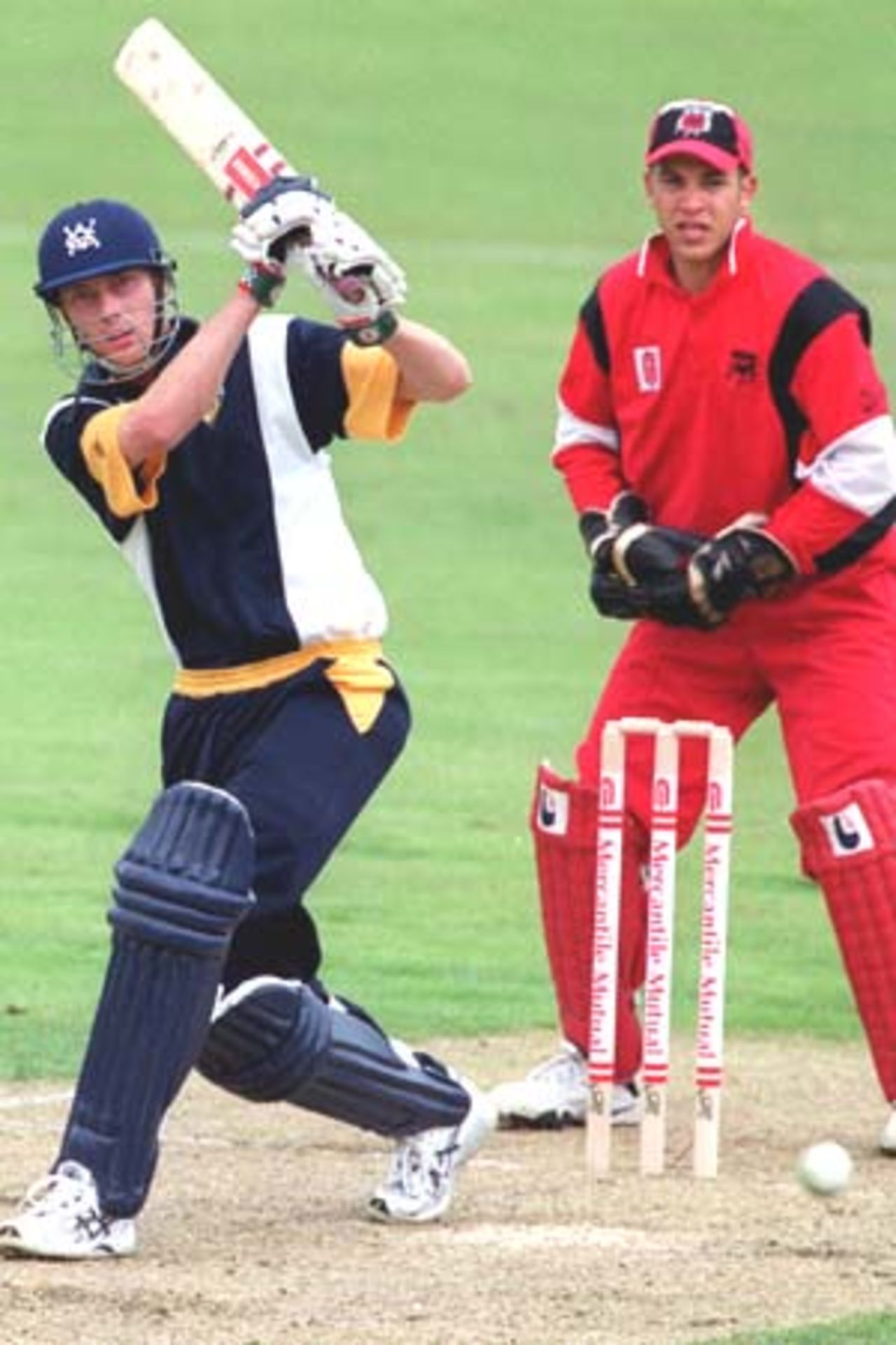 12 Nov 2000: Ben Oliver of Victoria plays a mistimed drive and is caught by Darren Lehmann off the bowling of Johnson for 7 runs, in their six wicket loss to South Australia, in the Mercantile Mutual Cup cricket match played at Punt Road Oval, Melbourne, Australia.