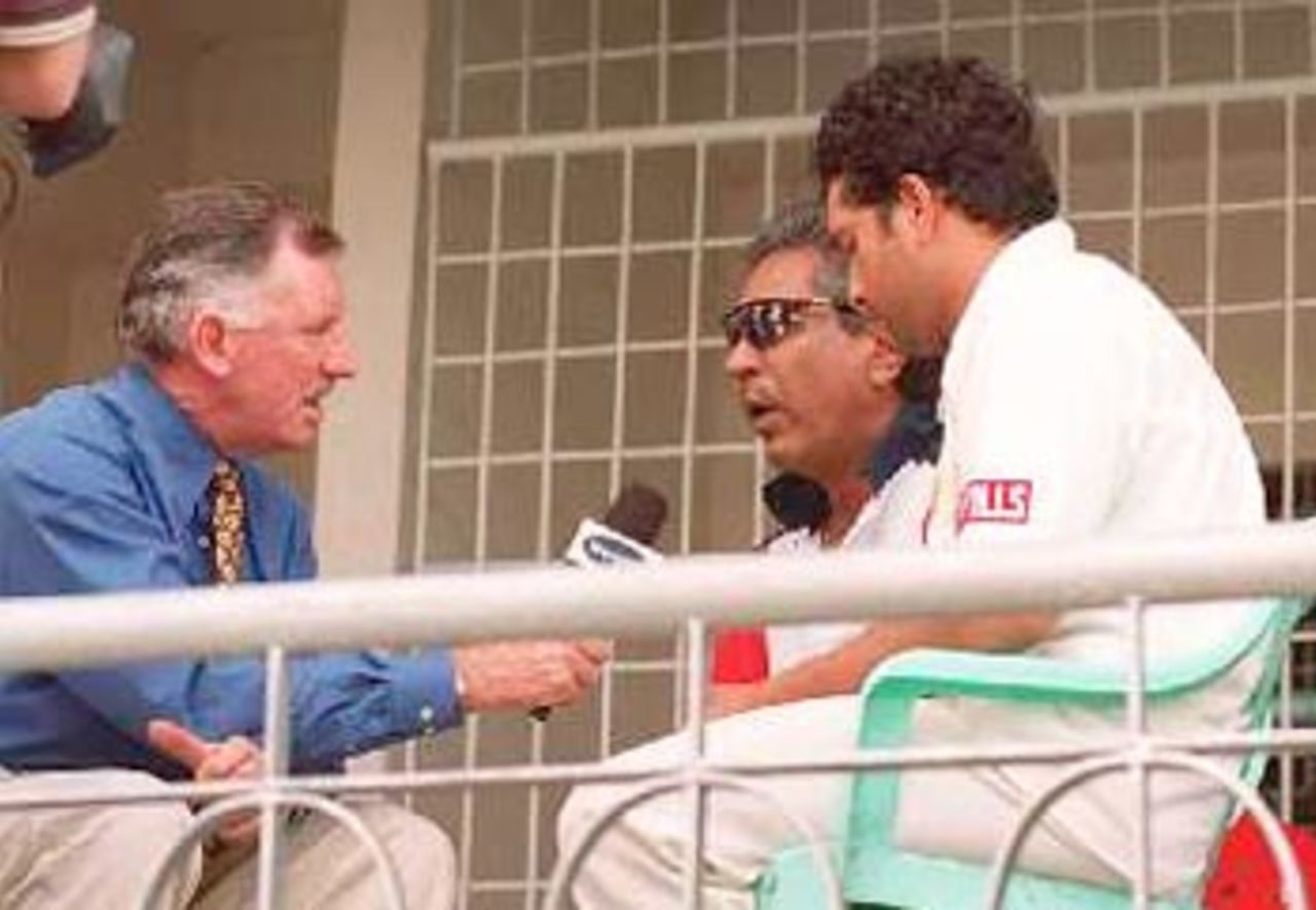 Ian Chappel interviewing Geakwad and Tendulkar. India in Bangladesh 2000/01, Only Test, Bangladesh v India, Bangabandhu National Stadium, Dhaka, 10-14 Nov 2000 (Day 3)