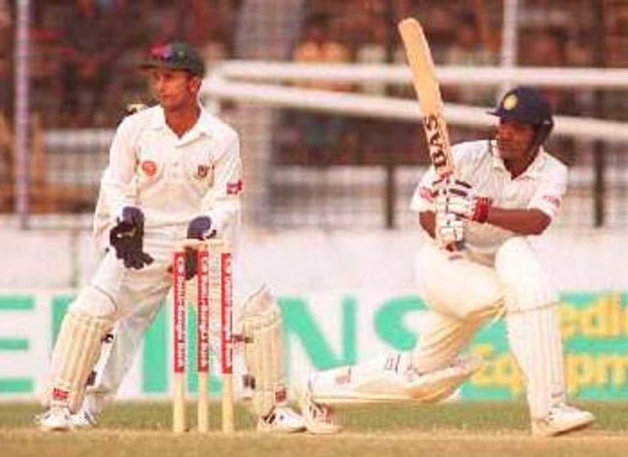 Joshi swings the ball to backward square leg. India in Bangladesh 2000/01, Only Test, Bangladesh v India, Bangabandhu National Stadium, Dhaka, 10-14 Nov 2000 (Day 3)