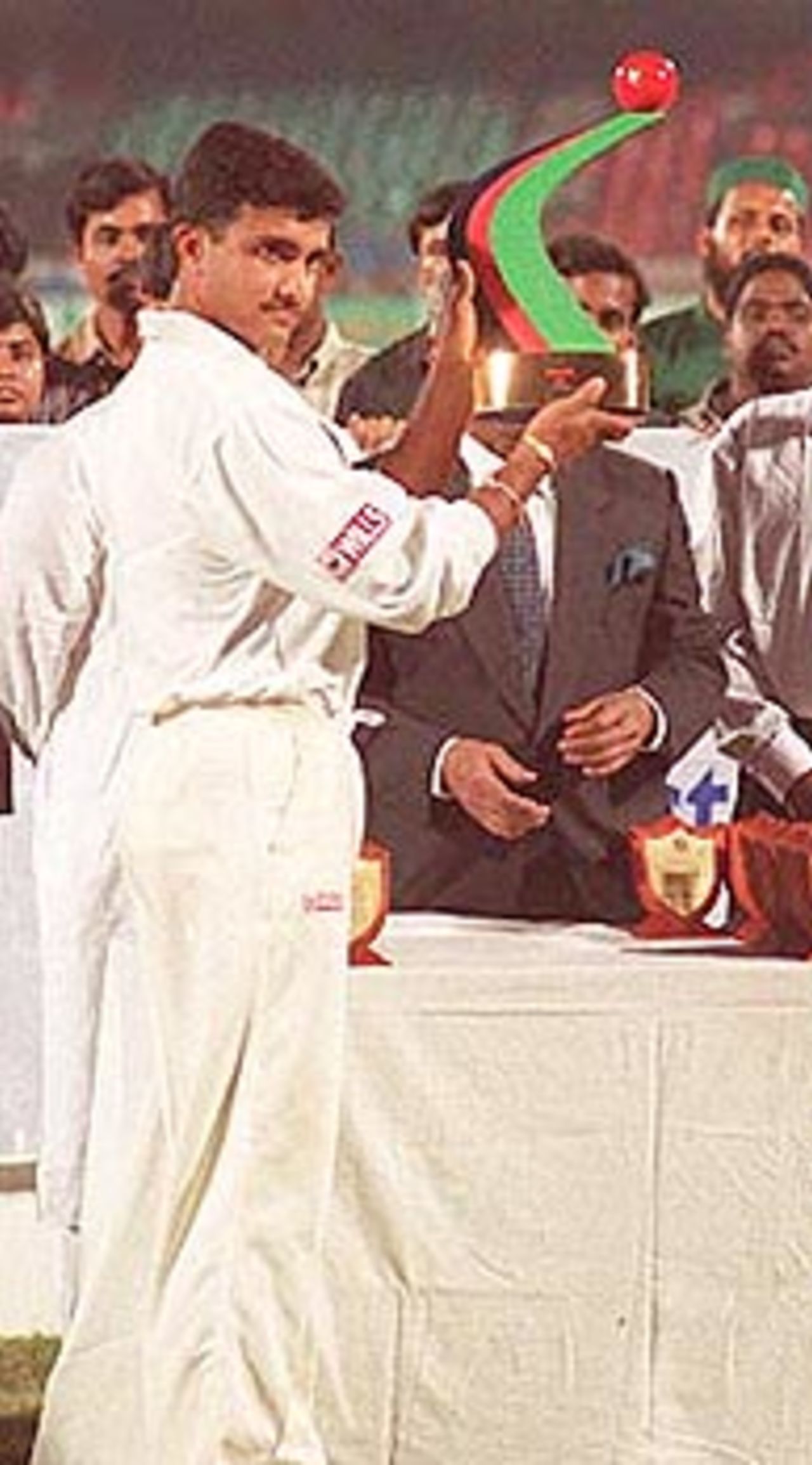 Sourav Ganguly shows off the trophy India won after beating Bangladesh by 9 wickets. India in Bangladesh 2000/01, Only Test, Bangladesh v India Bangabandhu National Stadium, Dhaka, 10-14 Nov 2000 (Day 4)