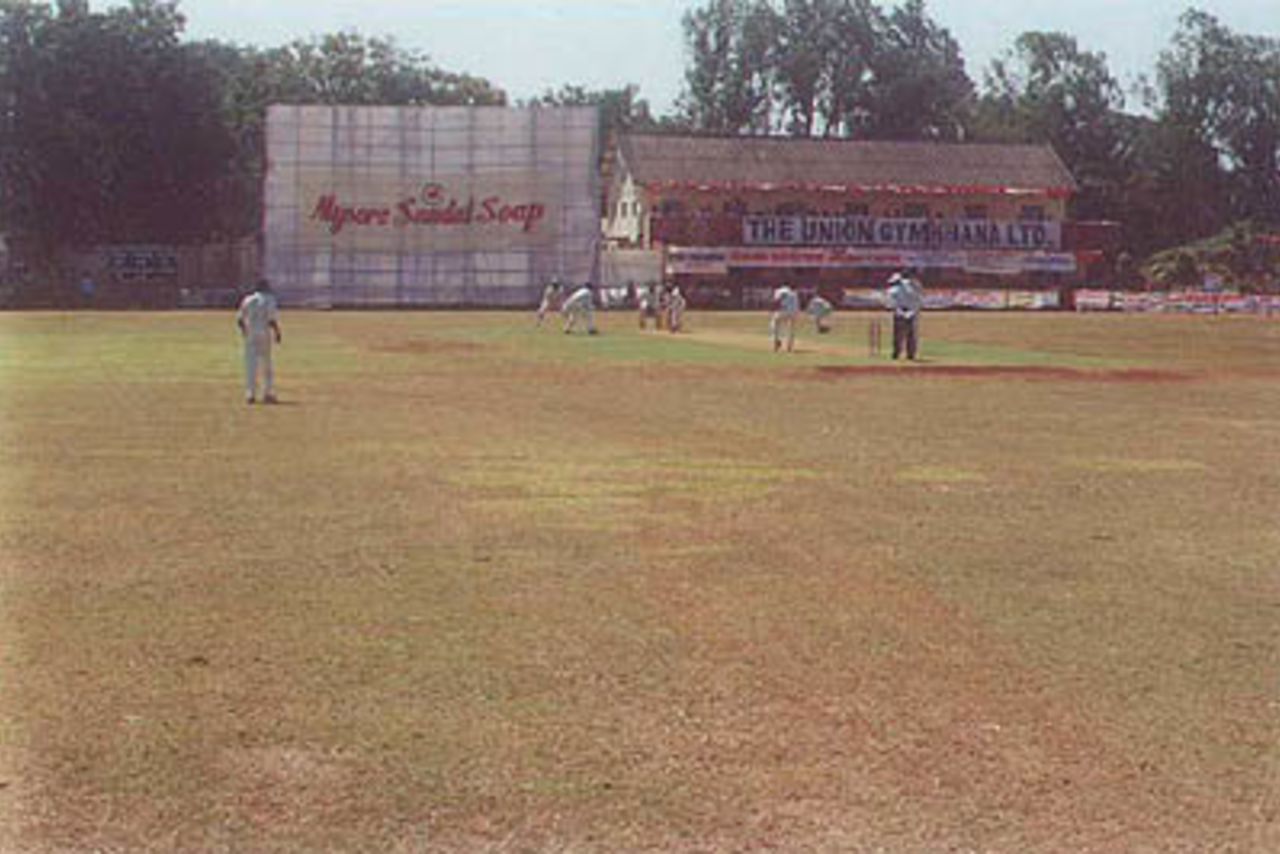 Fayaz Ahmed plays a forward defensive stroke to a Yalvigi delivery from the police quarters end, Ranji Trophy South Zone League, 2000/01, Karnataka v Andhra, Union Gymkhana Ground, Belgaum, 15-18 November 2000 (Day 1).
