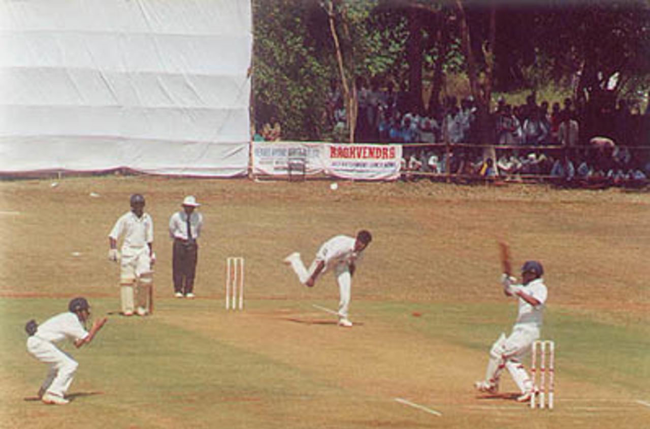 LNP Reddy pulls a delivery from Ganesh, Ranji Trophy South Zone League, 2000/01, Karnataka v Andhra, Union Gymkhana Ground, Belgaum, 15-18 November 2000 (Day 2).