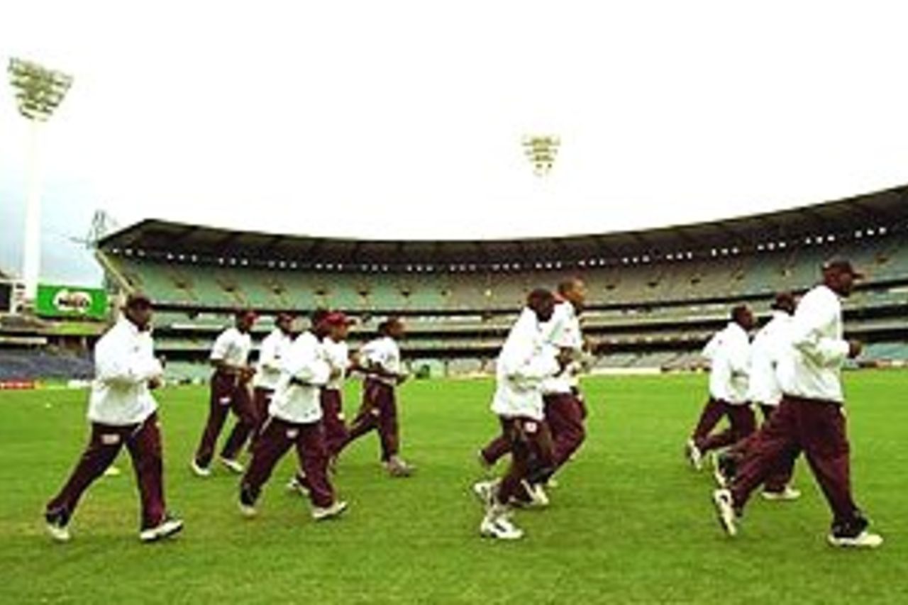 16 Nov 2000: The West Indies team warm up on the MCG, during training at the MCG, Melbourne, Australia.