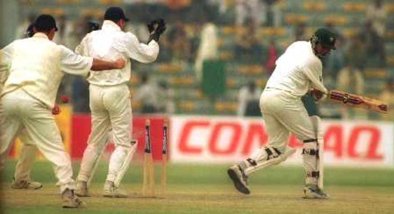 Stumps shattered by Giles taking the wicket of Inzamam, Day 4, 1st Test Match, Pakistan v England at Lahore, 15-19 Nov 2000