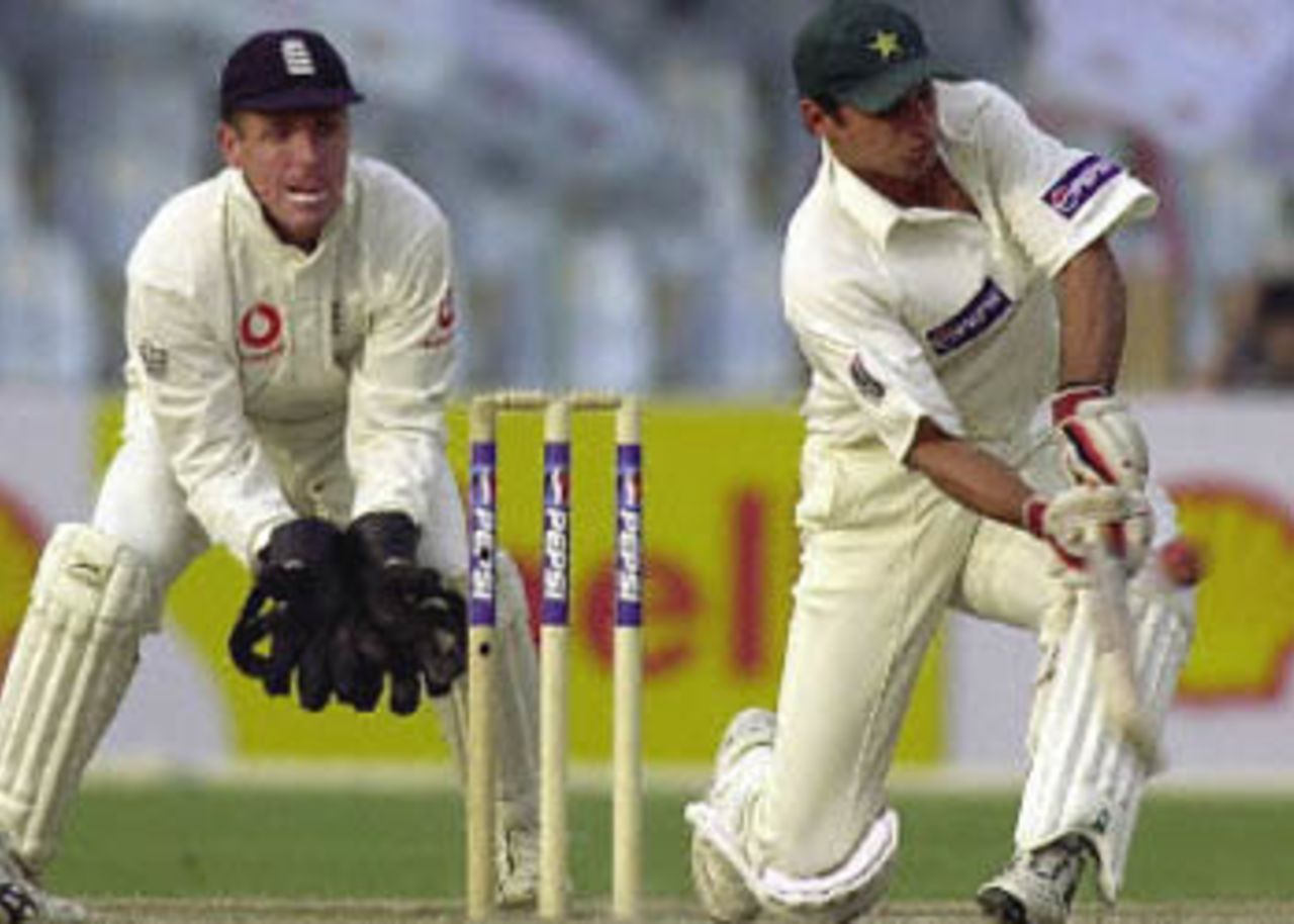 Shahid Afridi plays the semi pull shot to the boundary, England in Pakistan, 2000/01, 1st Test, Pakistan v England, Gaddafi Stadium, Lahore, 15-19 November 2000 (Day 3).