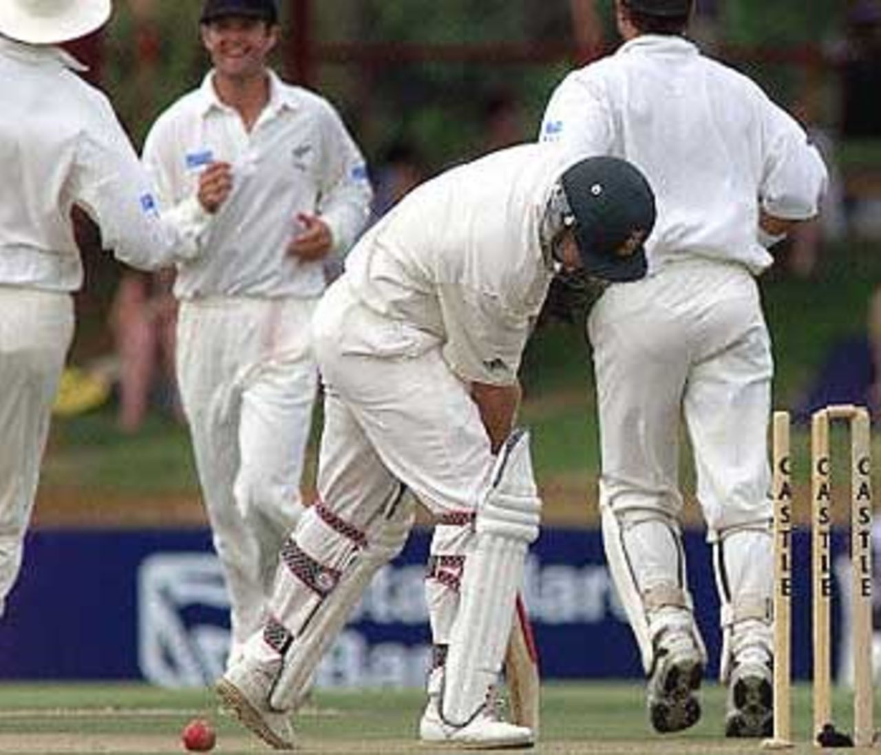 Daryll Cullinan being bowled by Brooke Walker, New Zealand in South Africa, 2000/01, 1st Test, South Africa v New Zealand, Goodyear Park, Bloemfontein, 17-21 November 2000 (Day 1).
