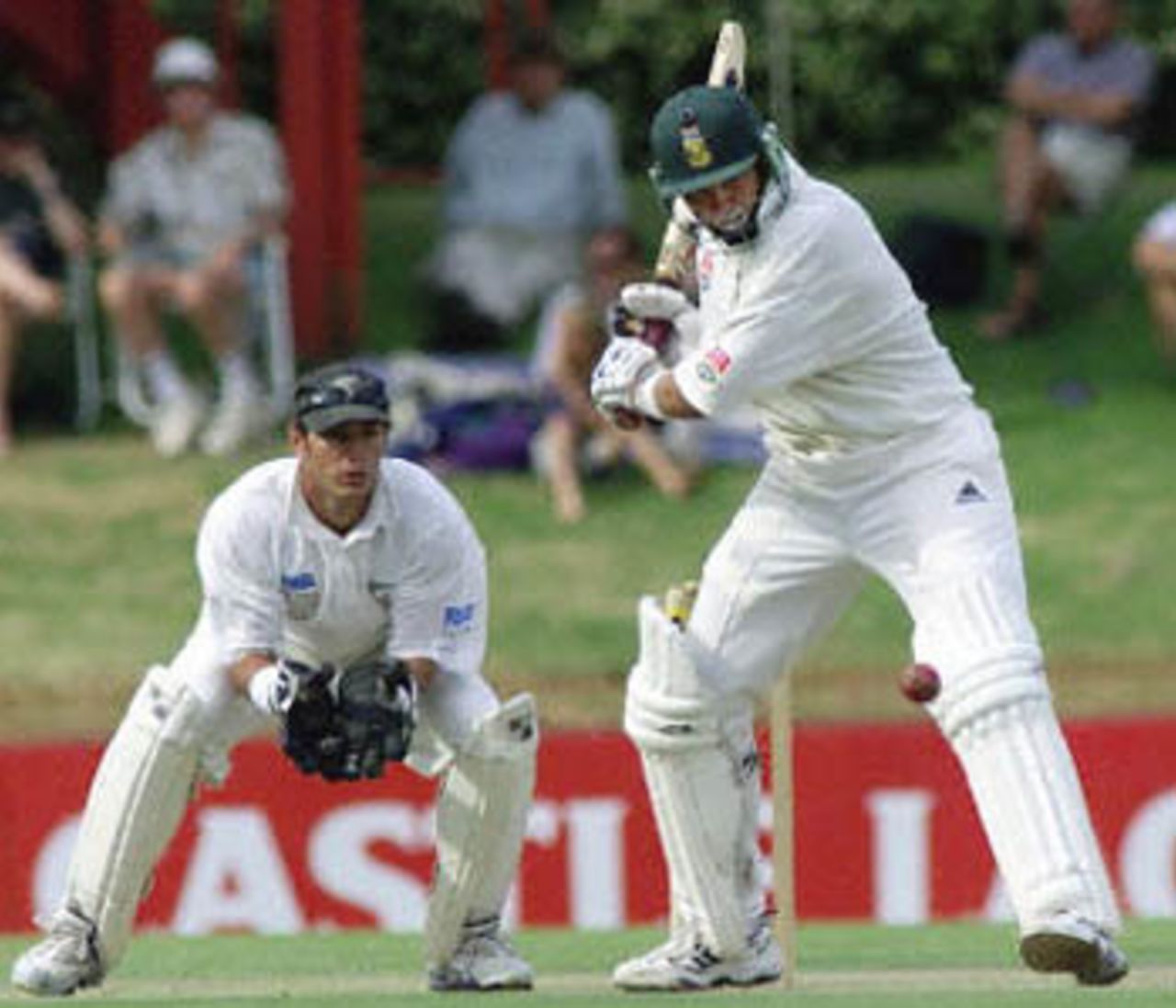 Kallis moves across to pull the ball, New Zealand in South Africa, 2000/01, 1st Test, South Africa v New Zealand, Goodyear Park, Bloemfontein, 17-21 November 2000 (Day 1).