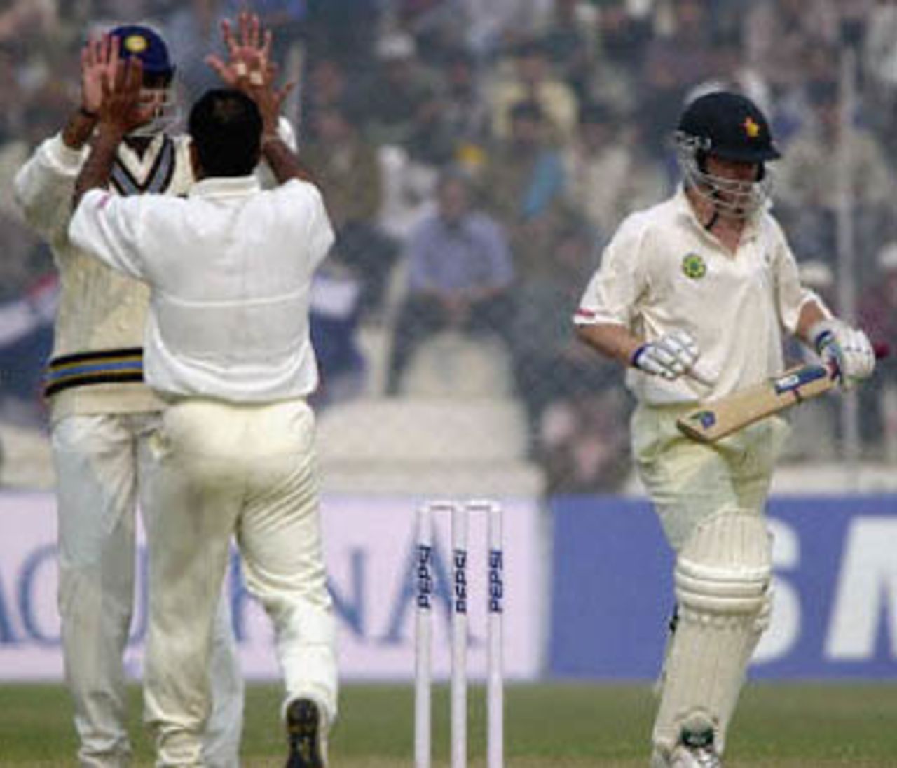 Joshi celebrating the dismissal of Paul Strang, Zimbabwe in India, 2000/01, 1st Test, India v Zimbabwe, Feroz Shah Kotla, Delhi, 18-22 November 2000 (Day 2).