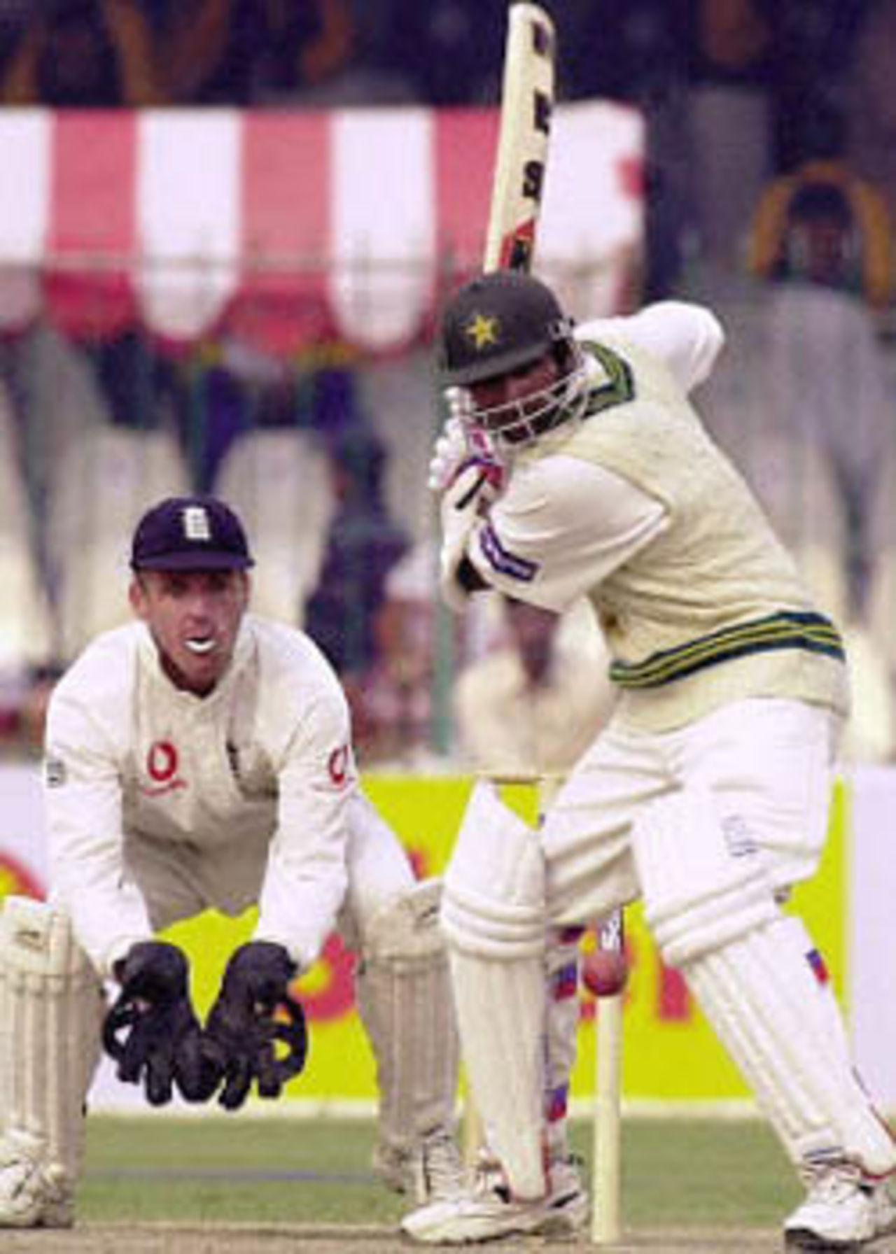 Yousuf Youhana positions himself to drive the ball, England in Pakistan, 2000/01, 1st Test, Pakistan v England, Gaddafi Stadium, Lahore, 15-19 November 2000 (Day 4).