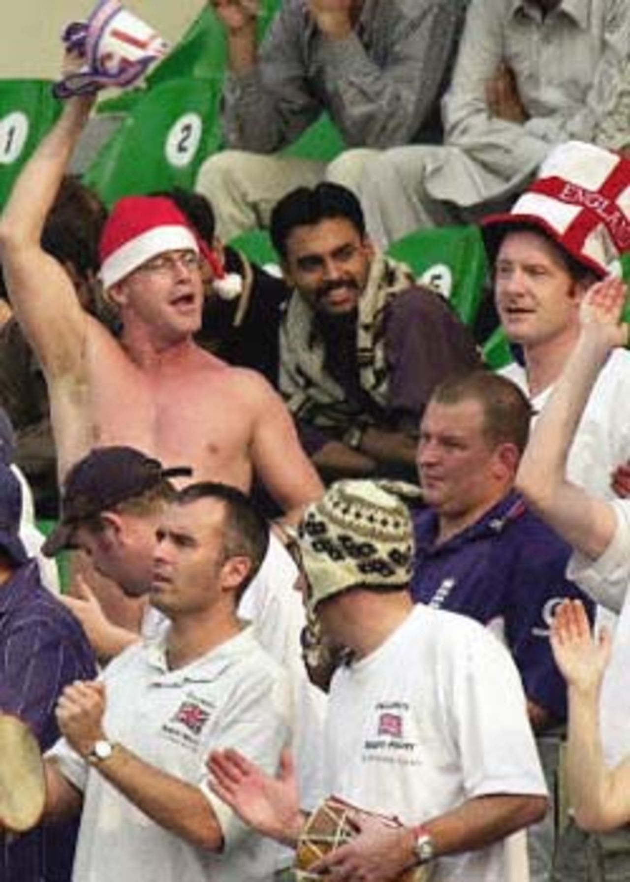 English fans delighted at the fall of a Pakistani wicket, England in Pakistan, 2000/01, 1st Test, Pakistan v England, Gaddafi Stadium, Lahore, 15-19 November 2000 (Day 4).