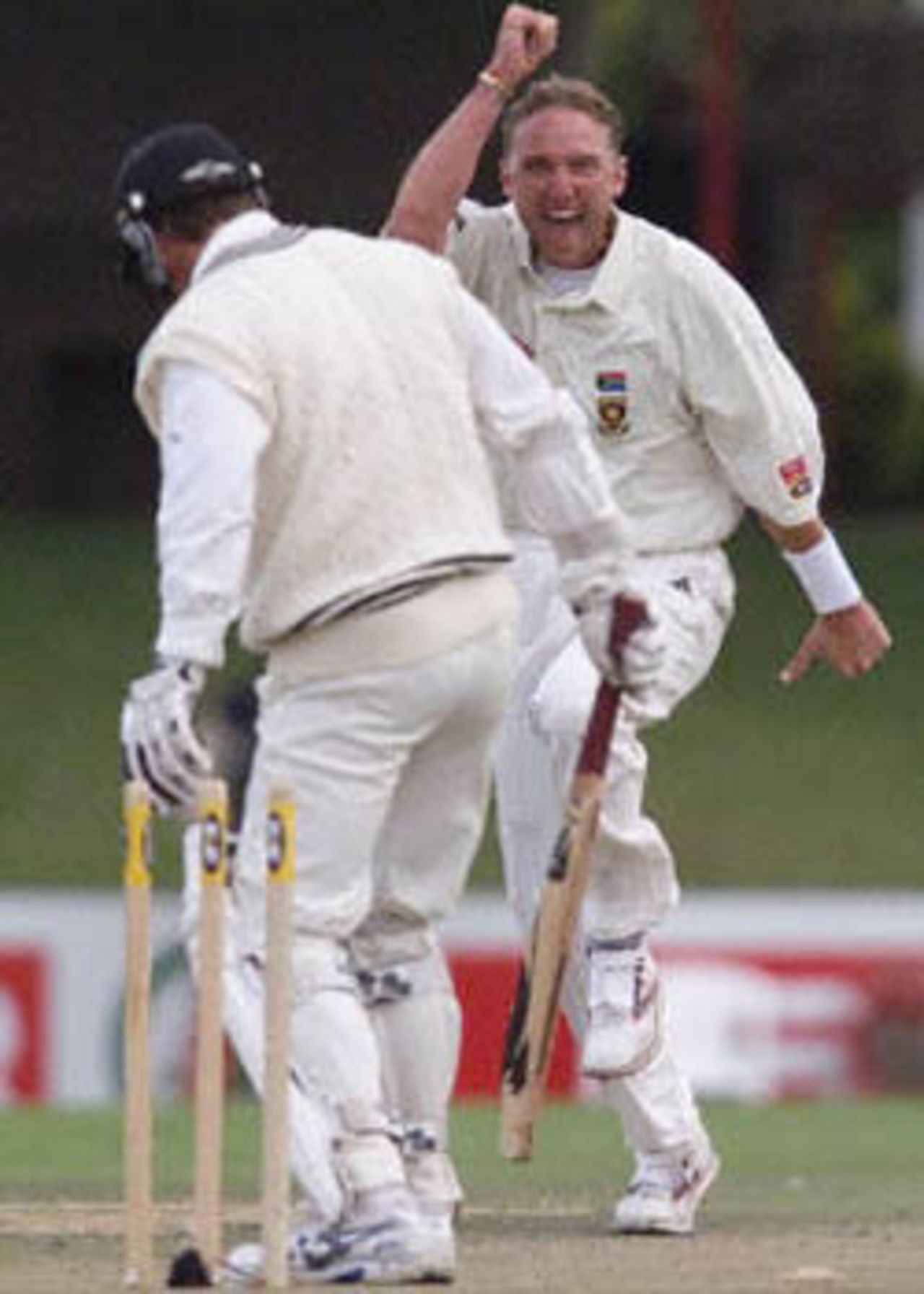 An Ecstatic Donald after shattering the defences of Mark Richardson, New Zealand in South Africa, 2000/01, 1st Test, South Africa v New Zealand, Goodyear Park, Bloemfontein, 17-21 November 2000 (Day 2).