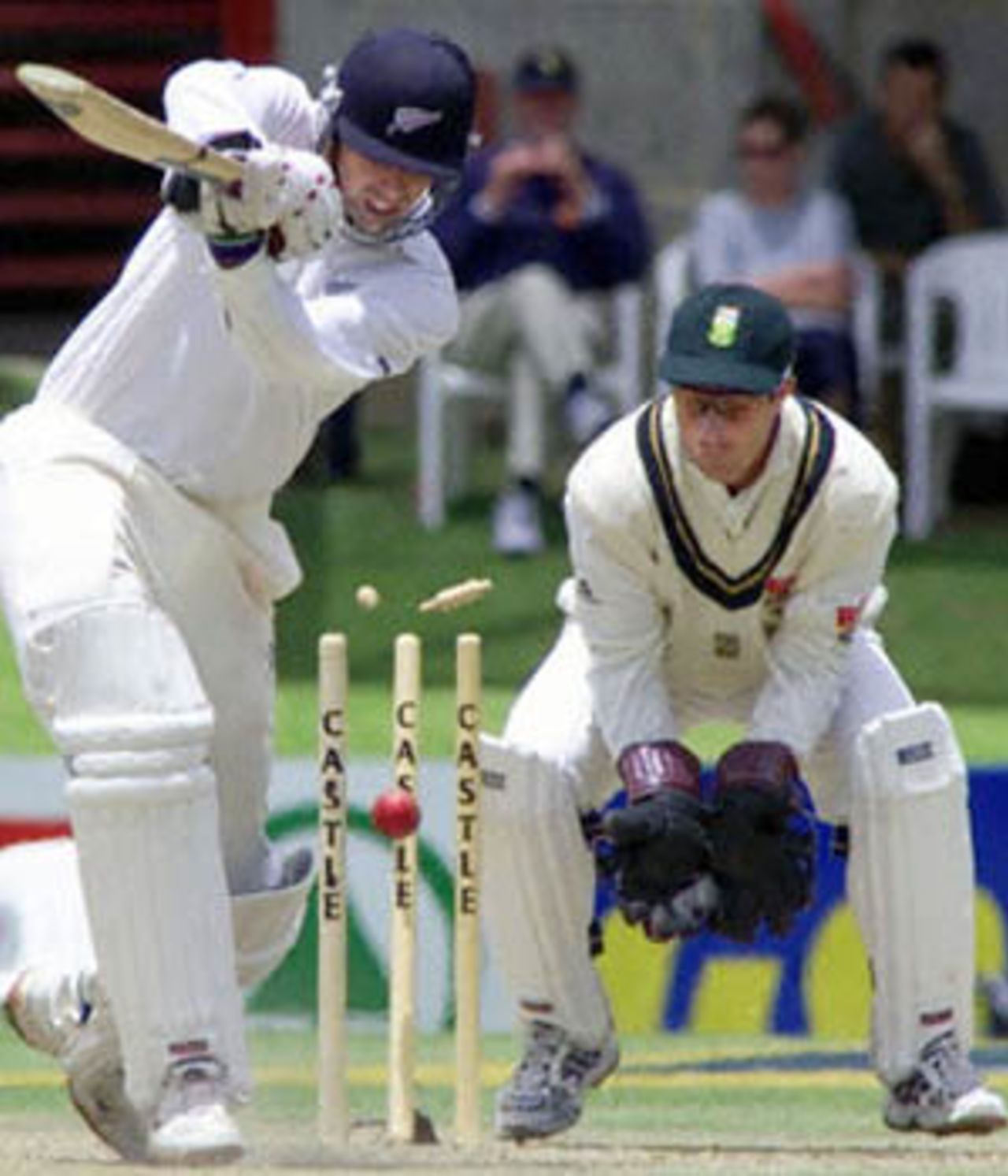 Fleming loses his defences to Boje as keeper Boucher looks on, New Zealand in South Africa, 2000/01, 1st Test, South Africa v New Zealand, Goodyear Park, Bloemfontein, 17-21 November 2000 (Day 3).