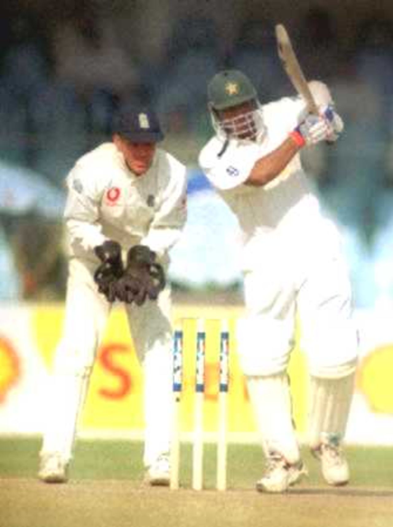 Match saviour for Pakistan, Yousuf Youhana, plays his shot as Stewart looks on, Day 5, 1st Test Match, Pakistan v England at Lahore, 15-19 Nov 2000