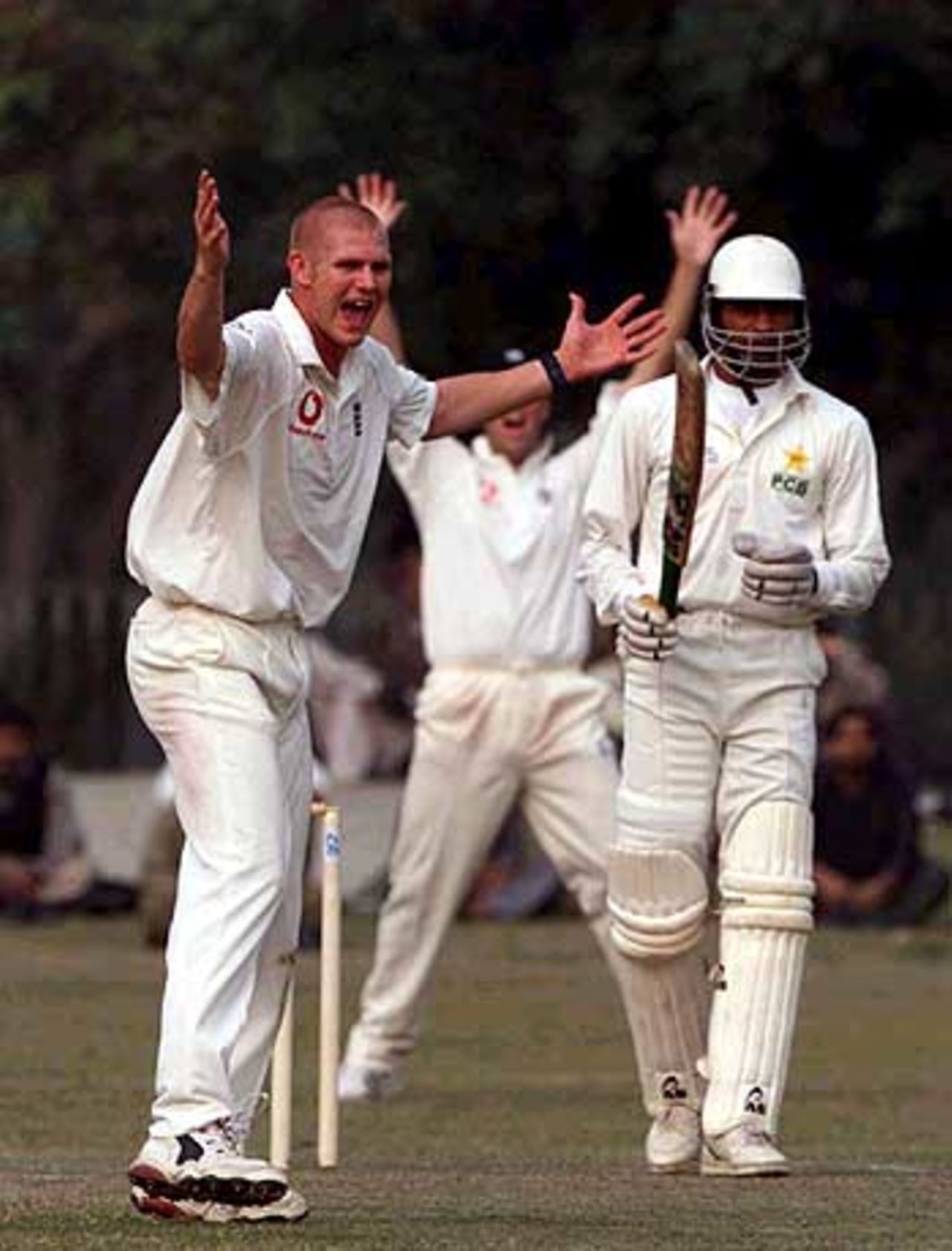 23 Nov 2000: Matthew Hoggard of England celebrates the wicket of Stephen John of the Board XI during the match between England and the PCB Board XI at the Laurence Garden in Lahore, Pakistan.