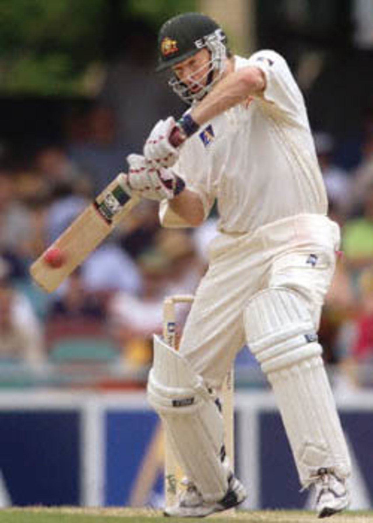 Steve Waugh punches the ball off the backfoot, The Frank Worrell Trophy, 2000/01, 1st Test, Australia v West Indies, Brisbane Cricket Ground, Woolloongabba, Brisbane, 23-27 November 2000 (Day 2).