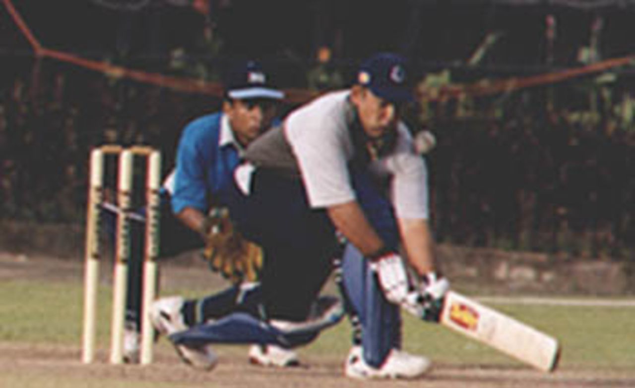 Sajith Fernando top edges a sweep and is caught , in the Premier Limited Over Tournament semi finals