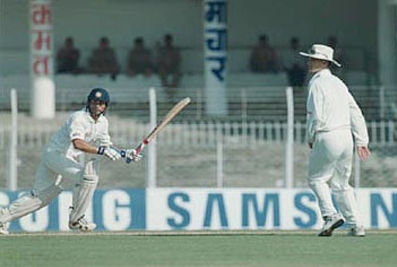 Tendulkar sets out for a single after playing the ball past point. Zimbabwe in India 2000/01, 2nd Test, India v Zimbabwe Vidarbha C.A. Ground, Nagpur, 25-29 November 2000 (Day 1)