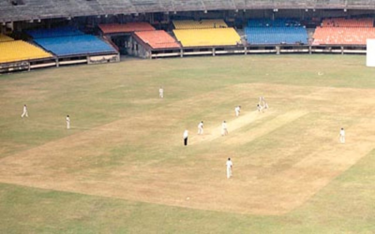 A bird's eye view from the Media end. Ranji Trophy South Zone League, 2000/01, Kerala v Goa, Nehru Stadium, Kochi, 15-18 November 2000.