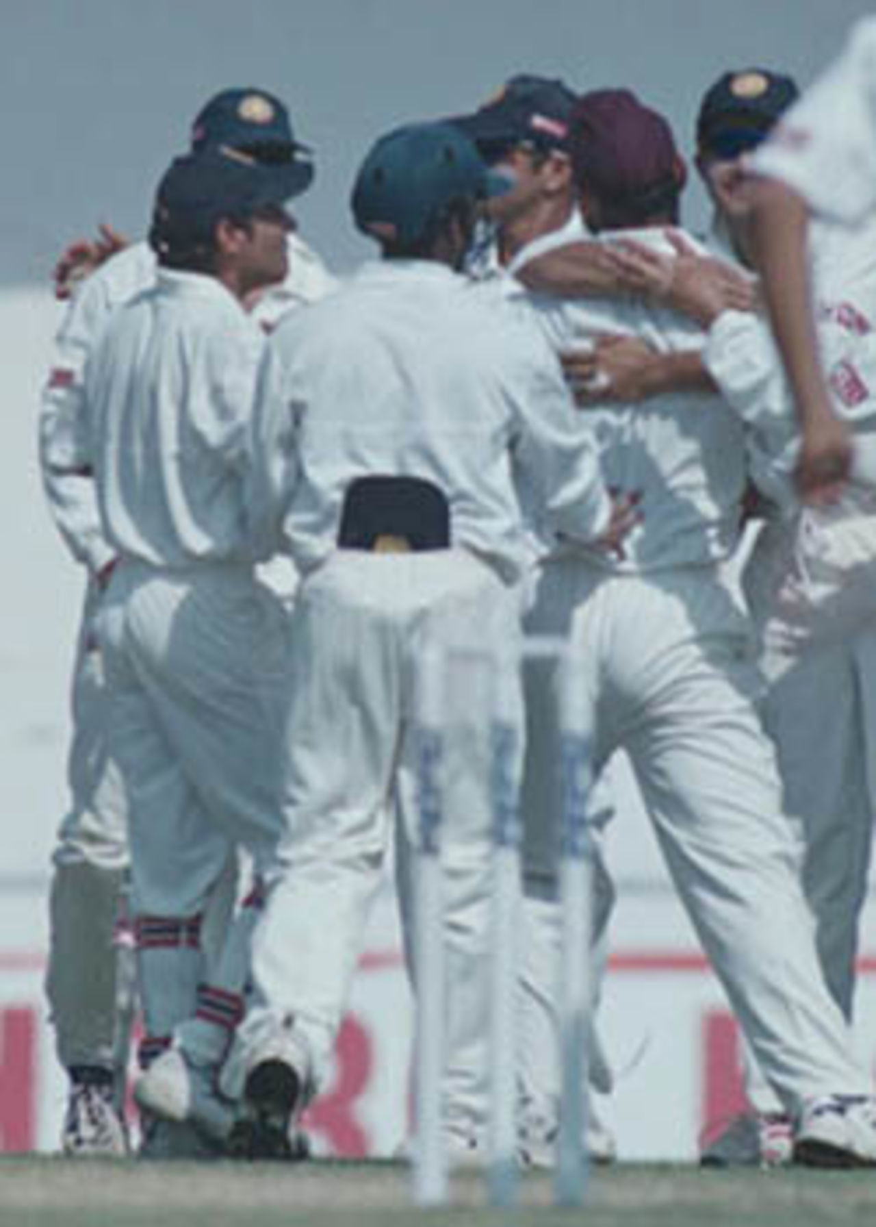Indians rejoicing at the fall of a Zimbabwean wicket, Zimbabwe in India, 2000/01, 2nd Test, India v Zimbabwe, Vidarbha C.A. Ground, Nagpur, 25-29 November 2000 (Day 3).