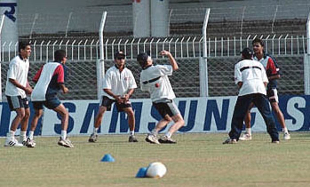 Indians having a catching session at VCA Ground, Zimbabwe in India, 2000/01, 2nd Test, India v Zimbabwe, Vidarbha C.A. Ground, Nagpur, 25-29 November 2000.