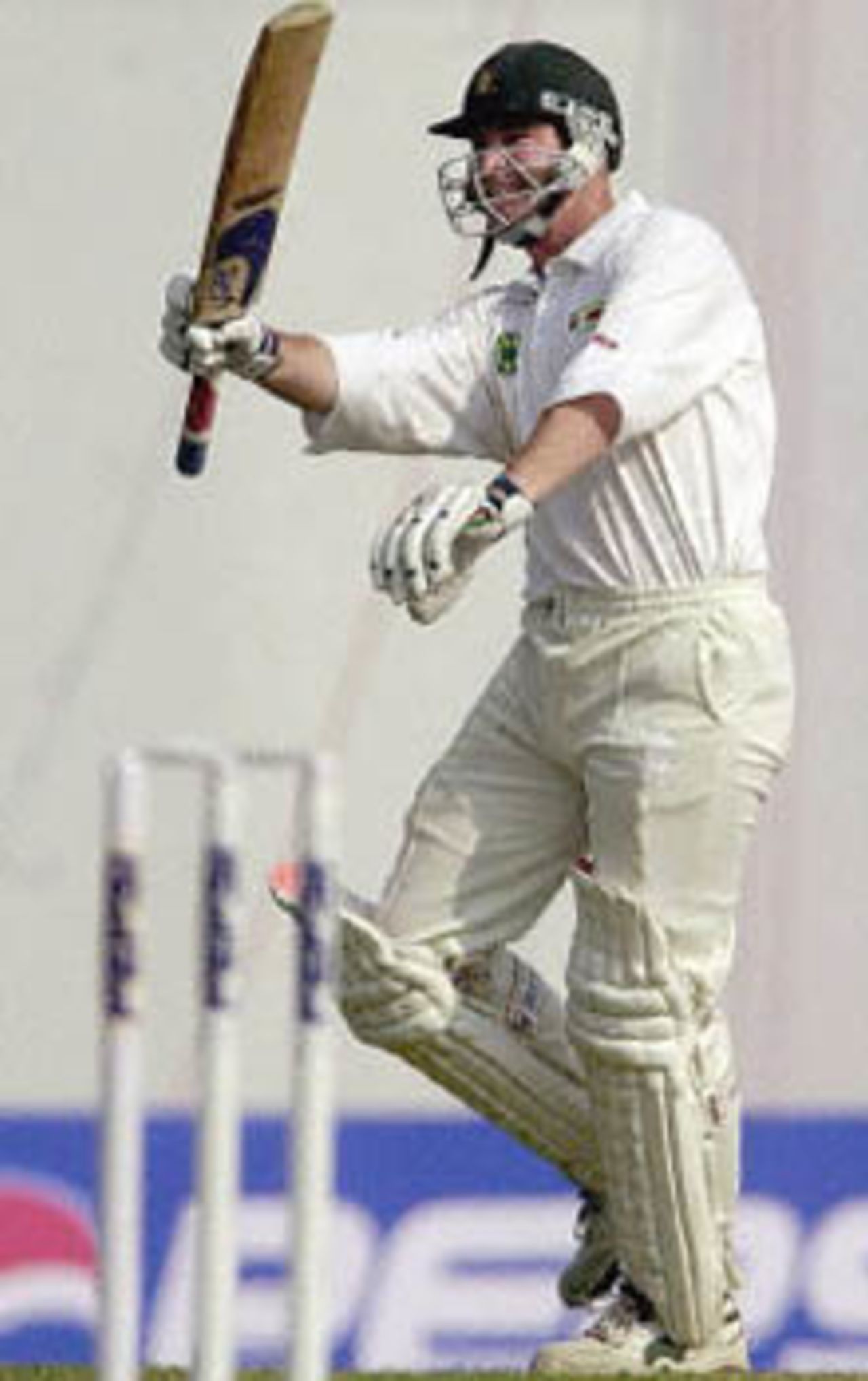 Alistair Campbell raises his bat as he completes his century, Zimbabwe in India, 2000/01, 2nd Test, India v Zimbabwe, Vidarbha C.A. Ground, Nagpur, 25-29 November 2000 (Day 5).